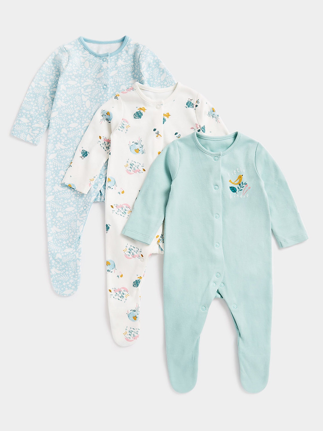 

mothercare Infant Girls Set Of 3 Pure Cotton Sleepsuits, Blue