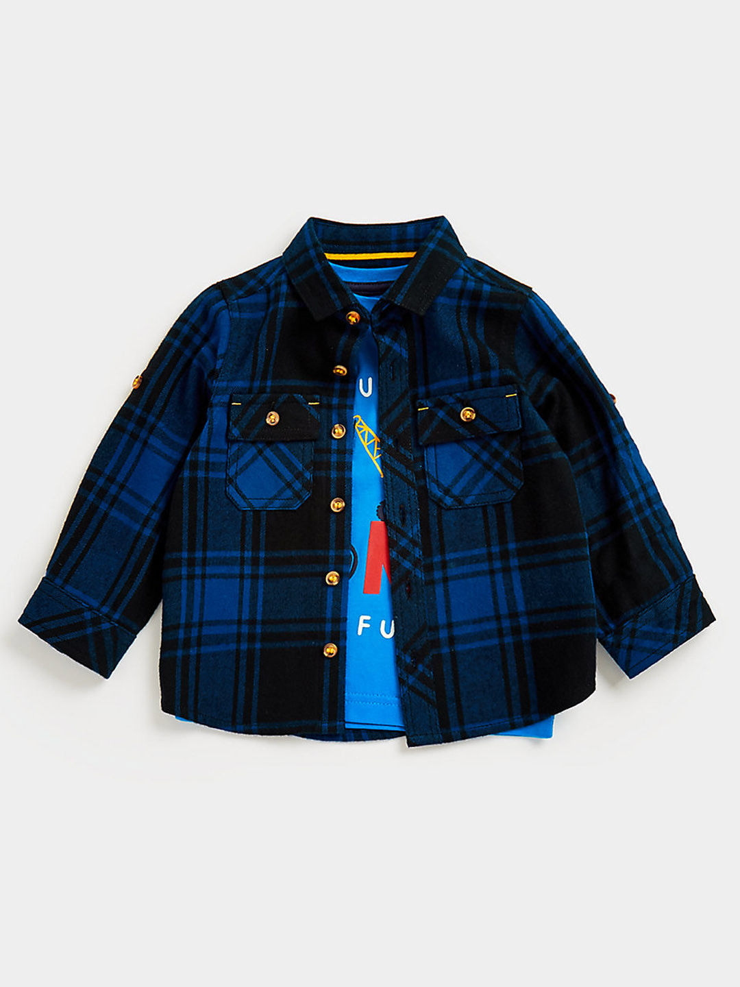 

mothercare Boys Navy Blue Checked Casual Shirt With Pure Cotton Tshirt