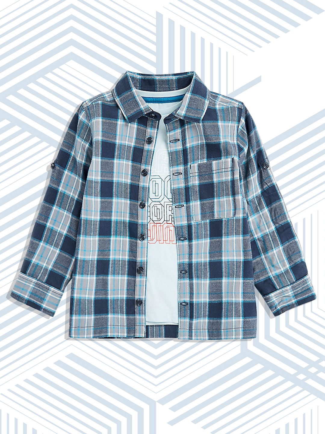 

mothercare Boys Blue Checked Casual Shirt With Pure Cotton T-shirt