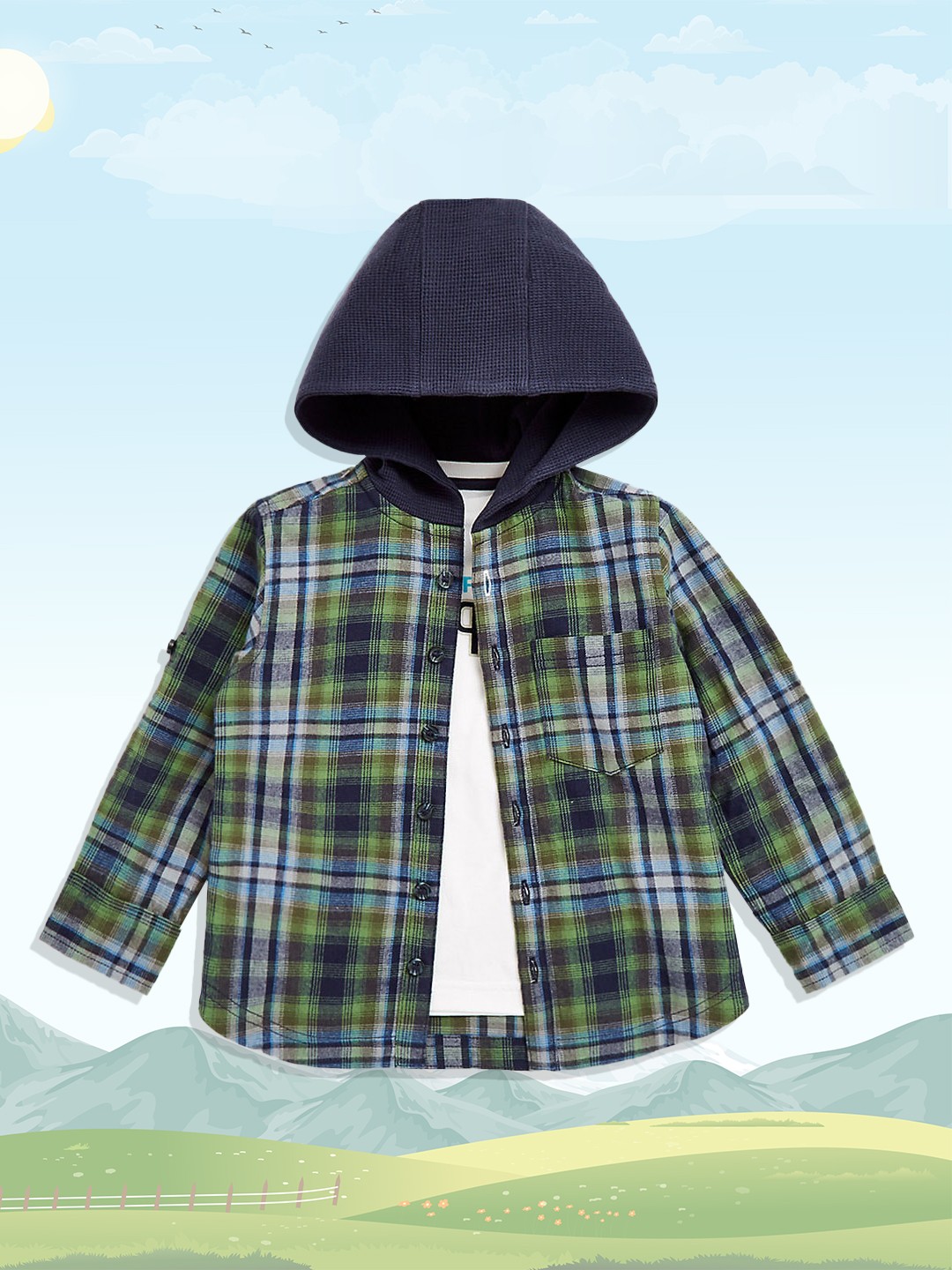 

mothercare Boys Green & Navy Blue Checked Pure Cotton Casual Shirt with Tshirt