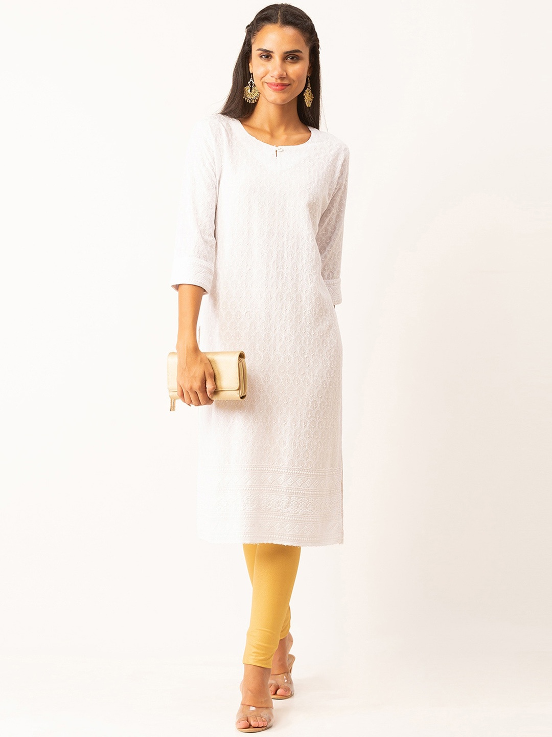 

ZOLA Women Sequin Embroidered Chikankari Straight Kurta, White