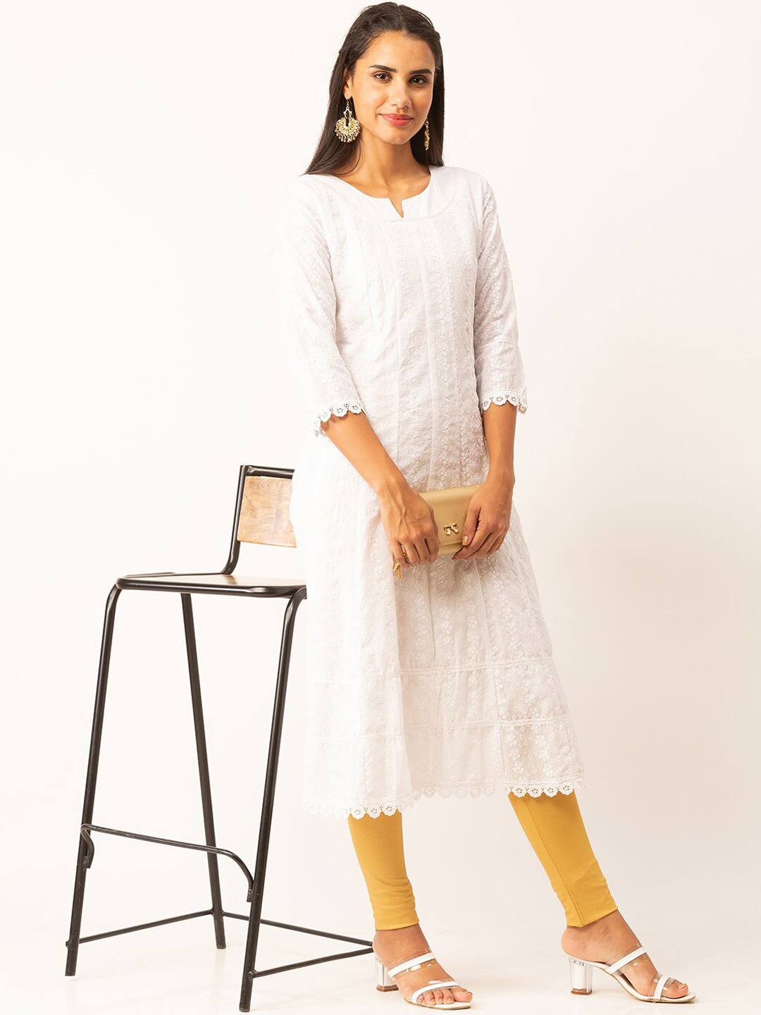 

ZOLA Women White Ethnic Motifs Embroidered Keyhole Neck Chikankari Anarkali Kurta