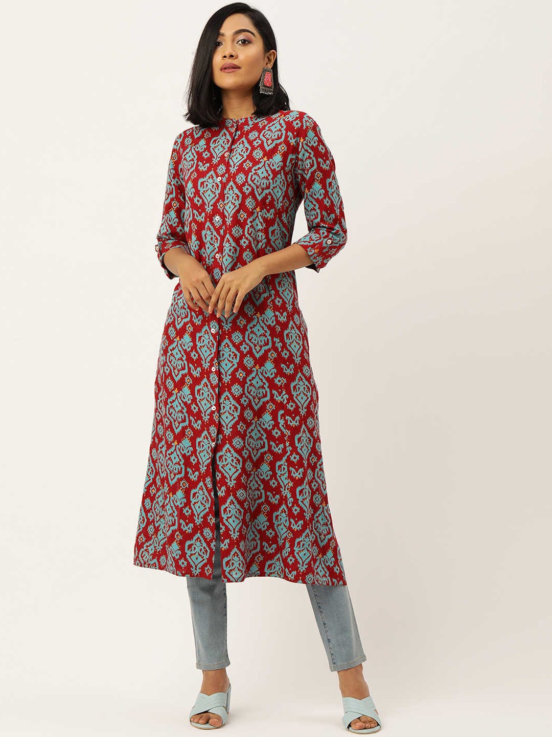 

ZOLA Women Ikat printed Calf Length Mandarin Collar 3/4th Sleeves A-Line Red Rayon Kurta
