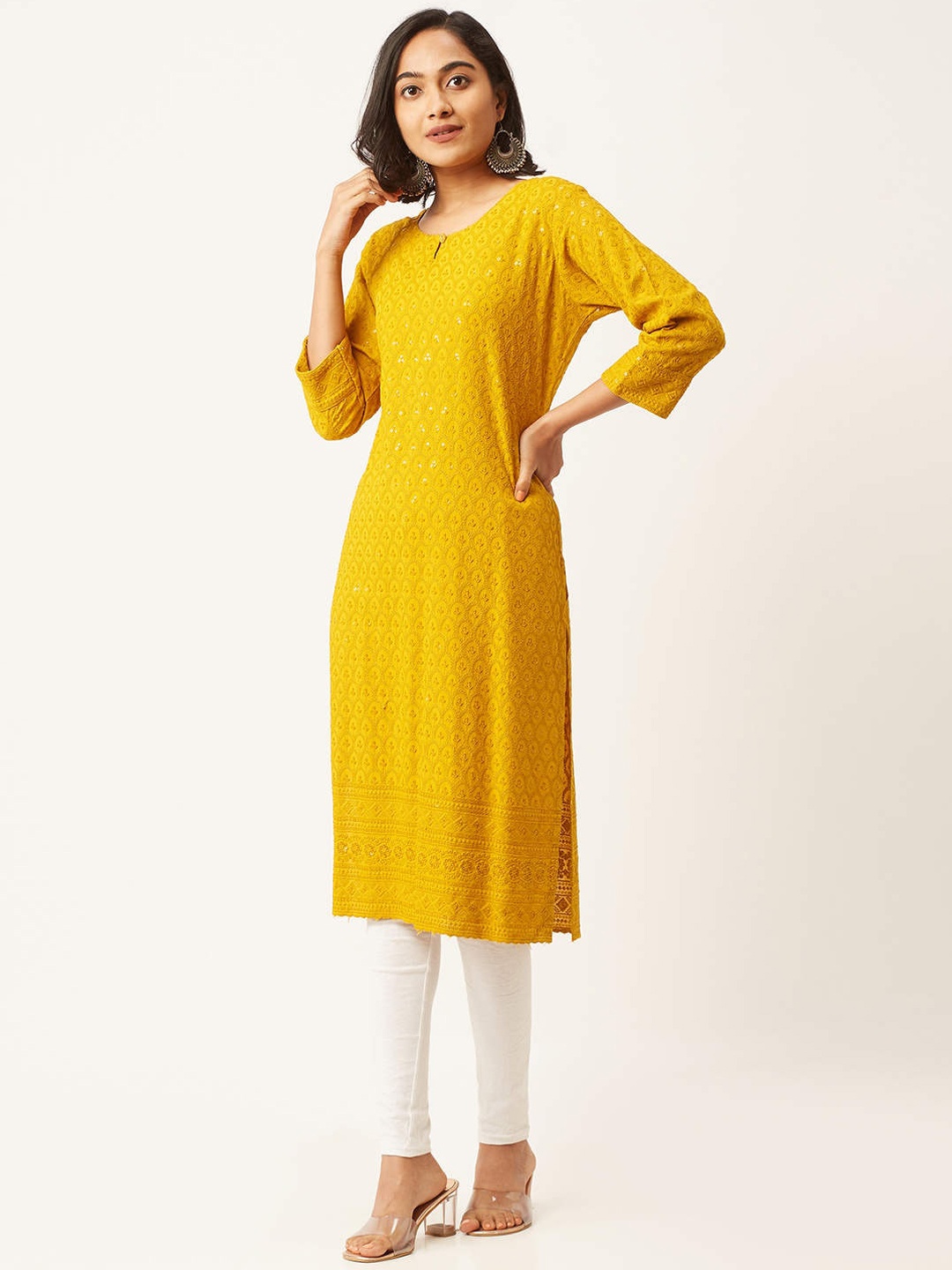 

ZOLA Women Sequin Embroidered Chikankari Straight Kurta, Mustard