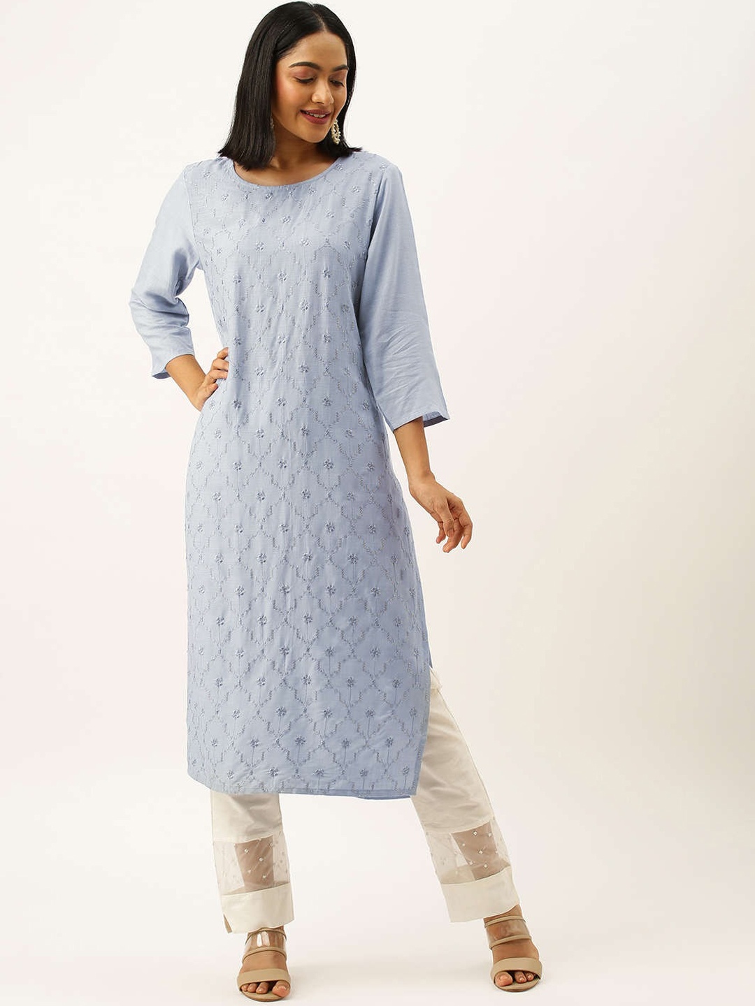 

ZOLA Women Grey Embroidered Flared Sleeves Chikankari Pathani Kurta