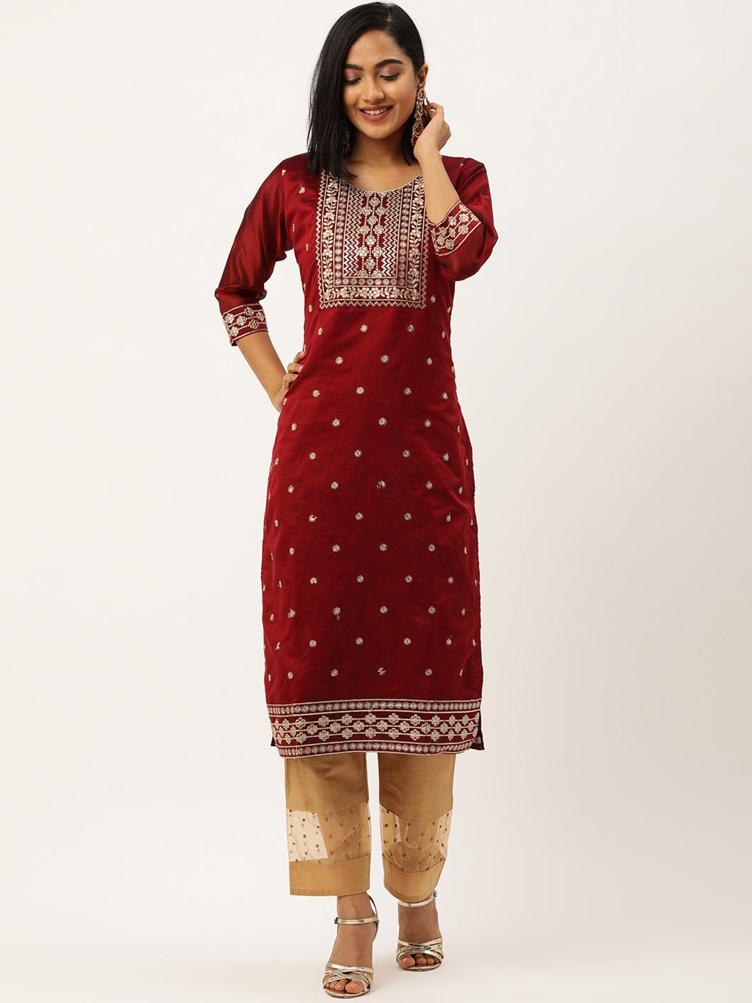 ZOLA Women Maroon & Beige Embroidered Straight Kurta