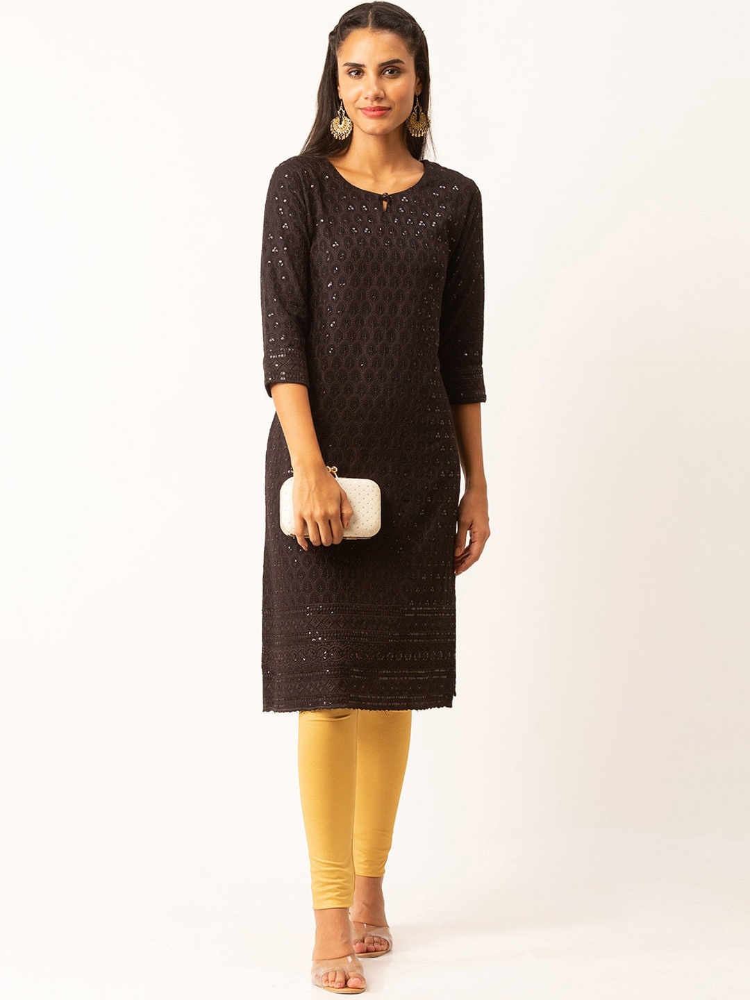 

ZOLA Women Embroidered Chikankari Straight Kurta, Black