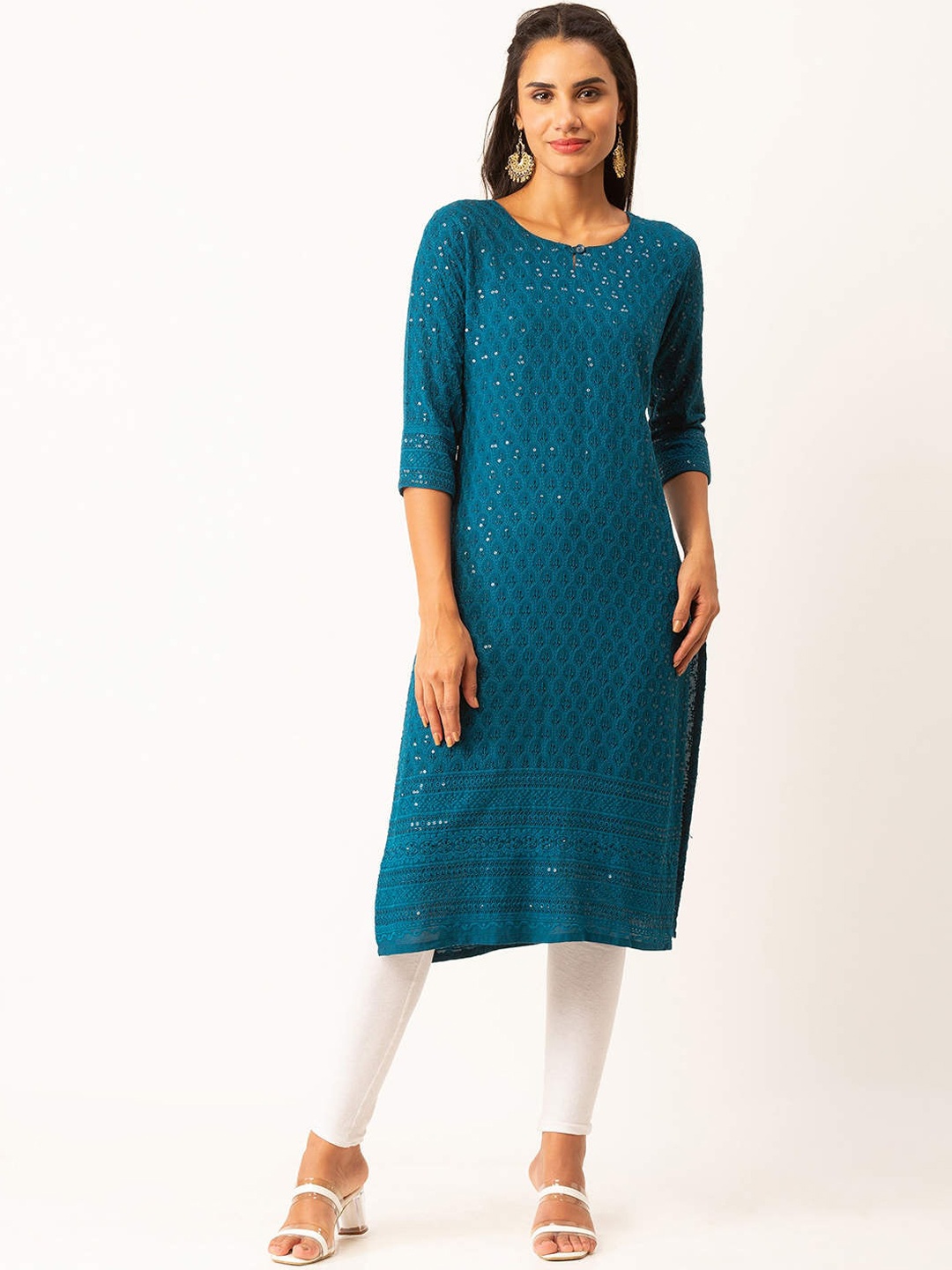 

ZOLA Women Sequin & Embroidered Chikankari Straight Kurta, Teal