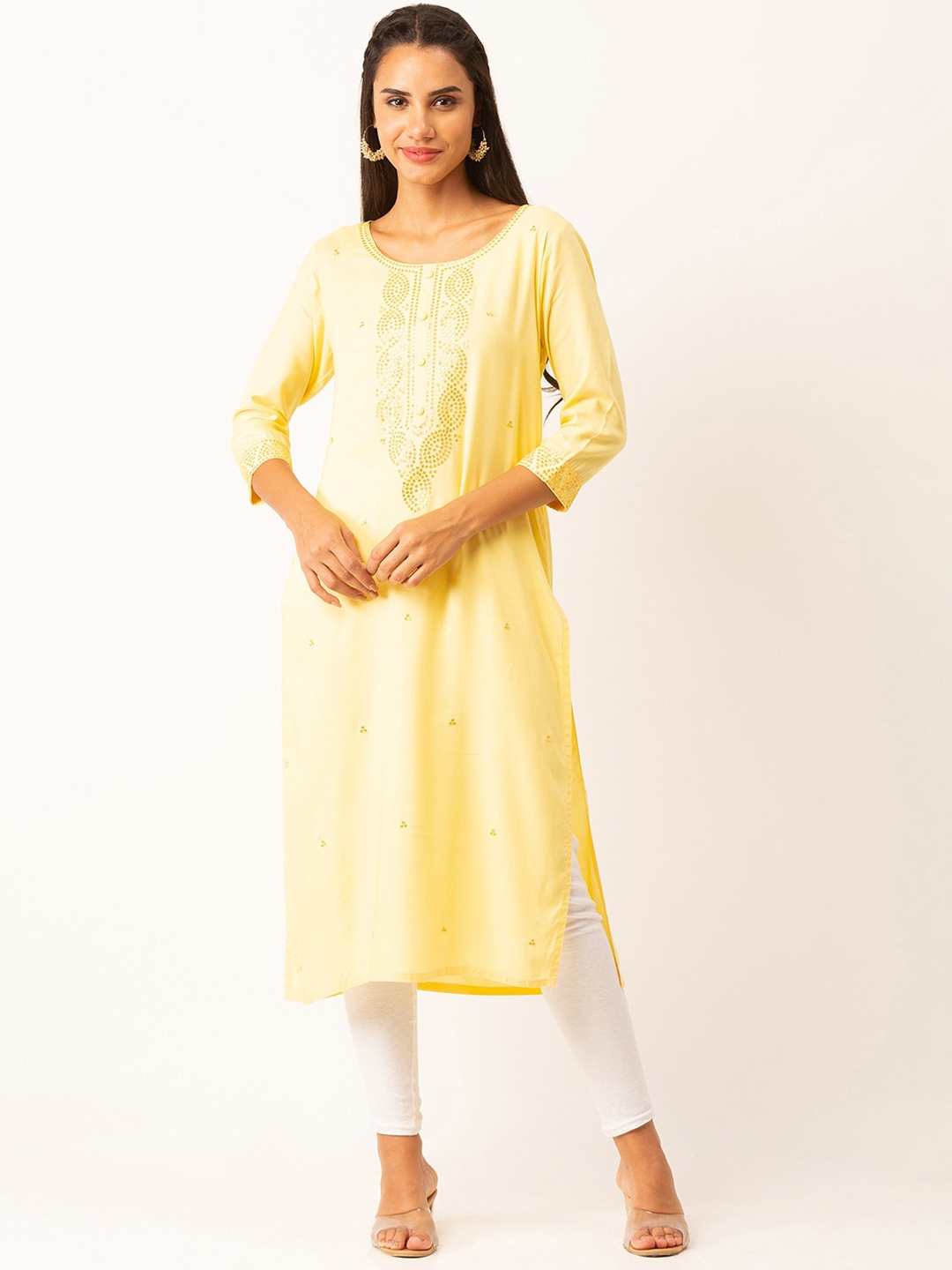 

ZOLA Women Yellow Ethnic Motifs Sequin work Embroidered Kurta