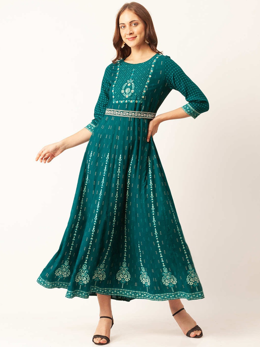 

ZOLA Women Teal Ethnic Motifs Print Embroidered Anarkali Kurta