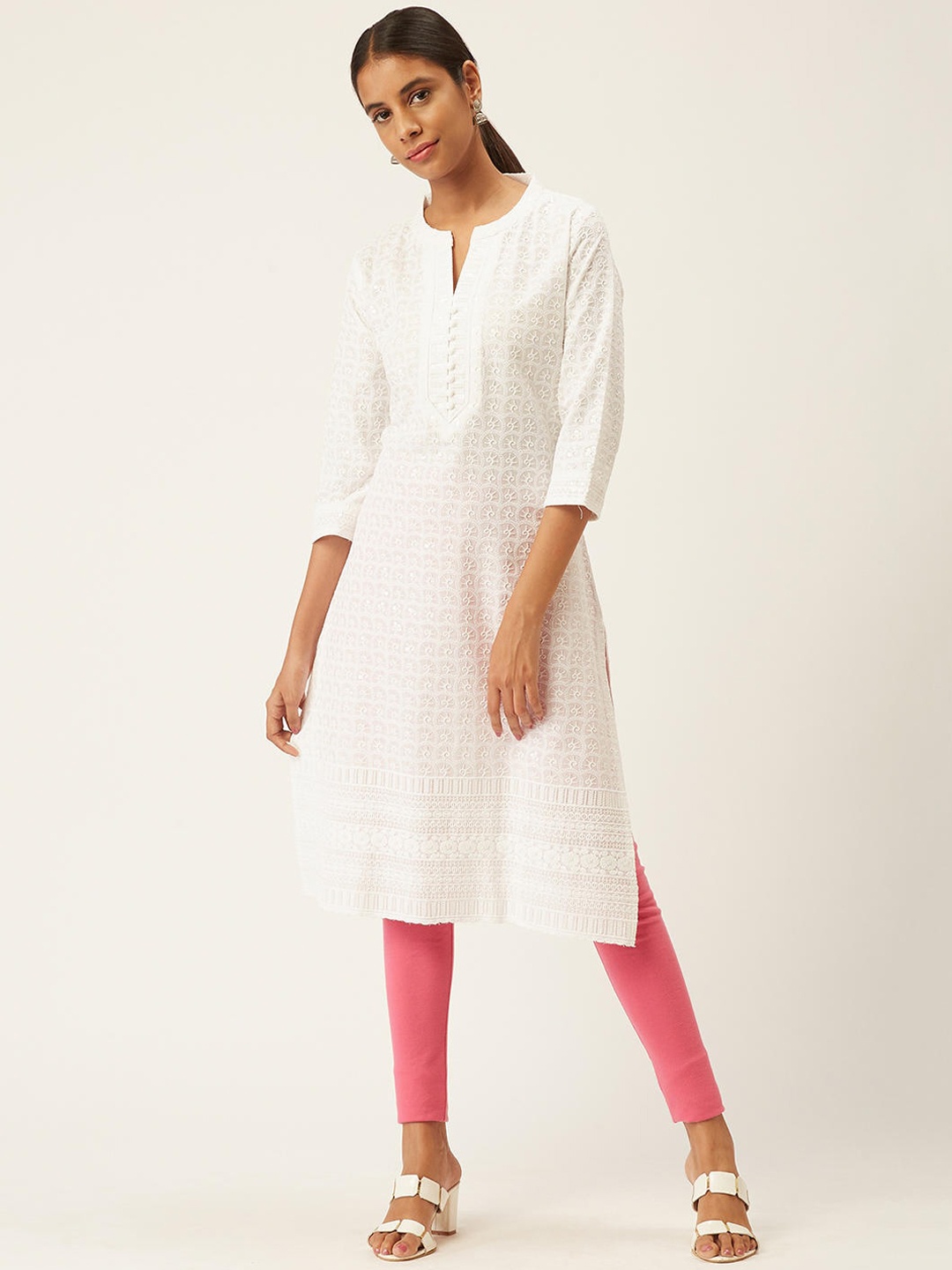 

ZOLA Women White Ethnic Motifs Embroidered Chikankari Pure Cotton Kurta