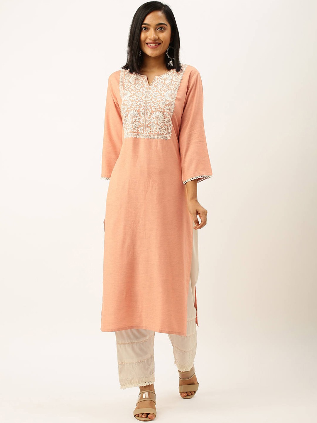 

ZOLA Women Peach-Coloured Embroidered Kurta