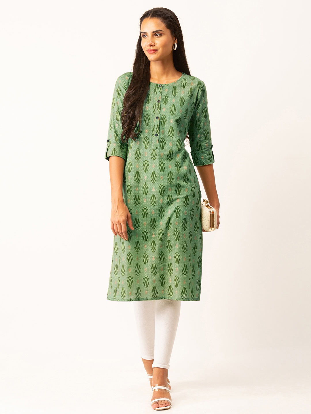 

ZOLA Green Cotton Round Neck Butti Print Ethnic Wear Kurta For Women