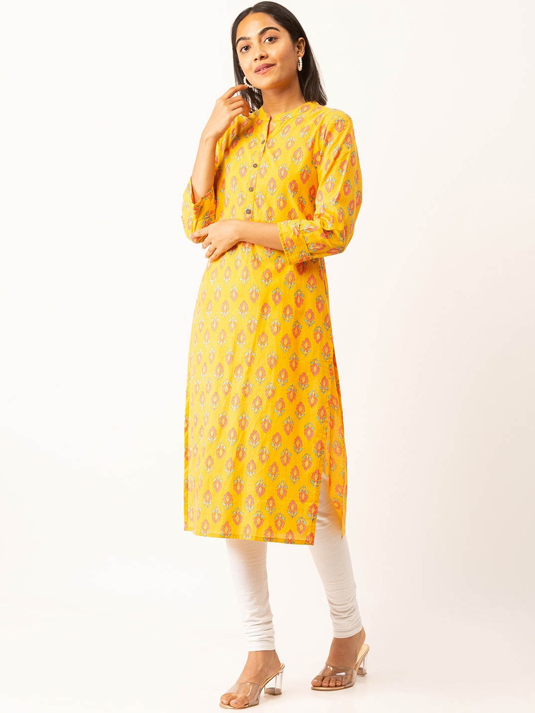 

ZOLA Cotton Mandarin Collar Yellow Block print Ethnic Wear Kurta for Women