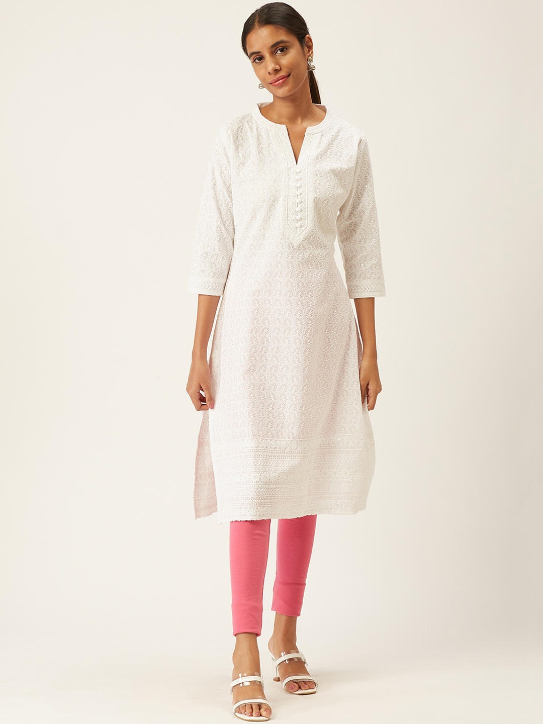 

ZOLA Women White Woven Design Mandarin Collar Kurta