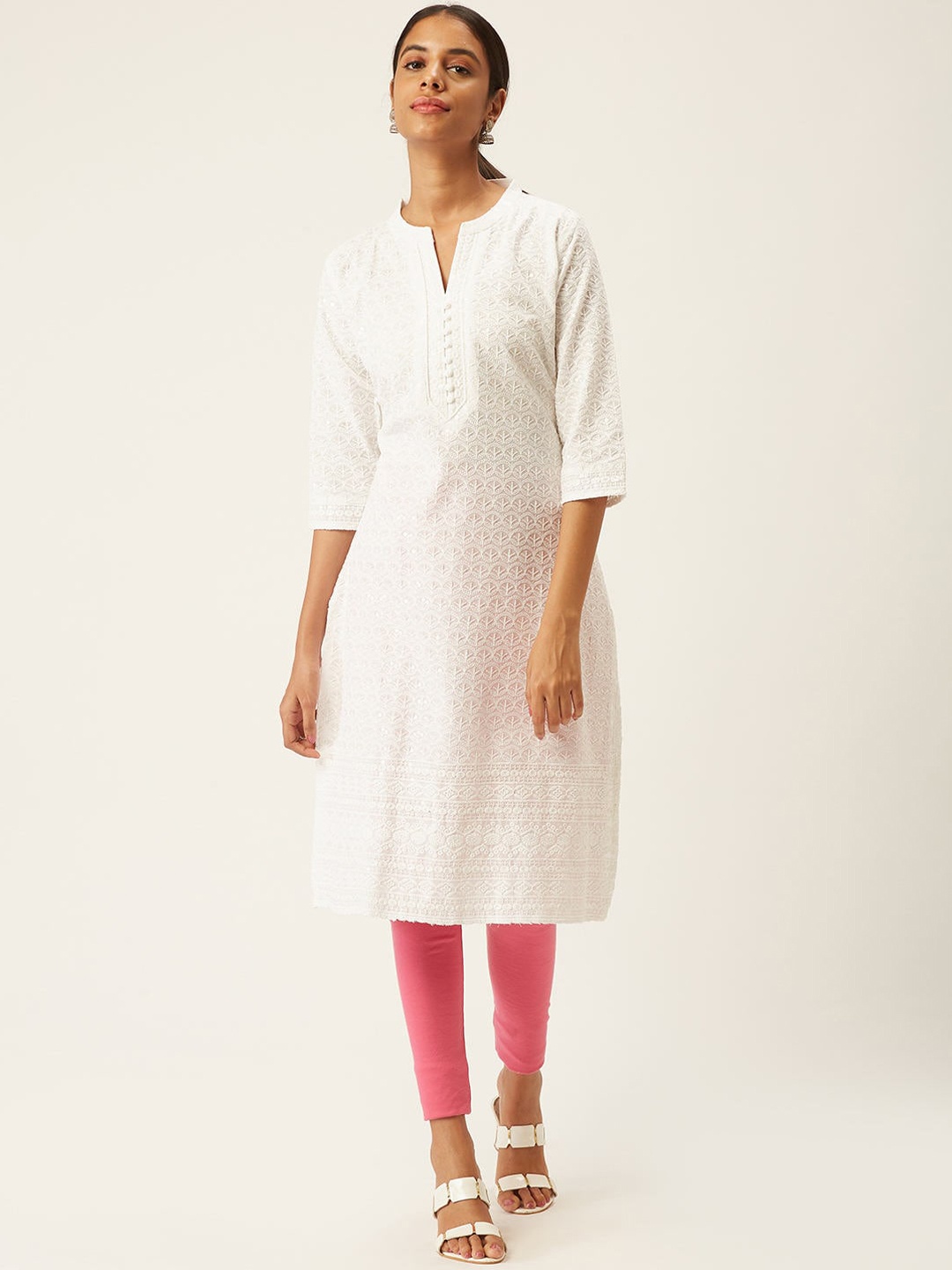 

ZOLA Women White Embroidered Thread Work Floral Plus Size Kurta