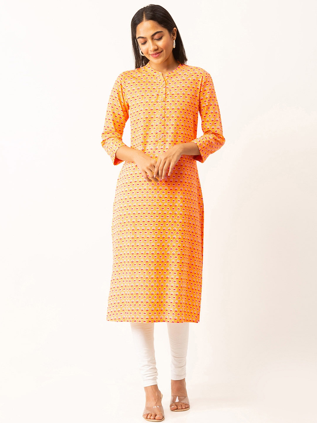 

ZOLA Women Yellow Cotton Geometric Chikankari Mandarin Collar Kurta