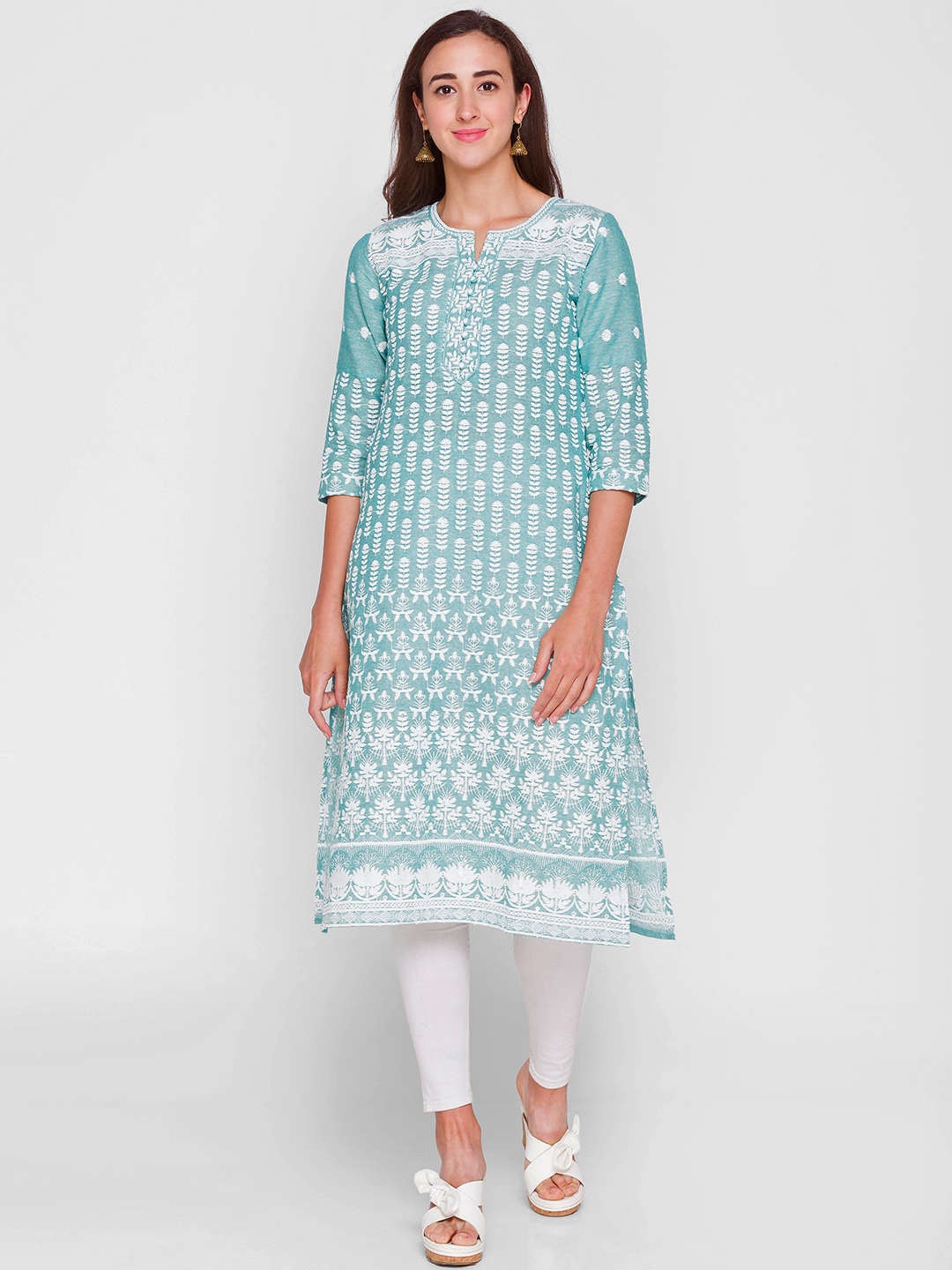

ZOLA Women Blue Cotton Printed Chikankari Anarkali Embroidered Kurta