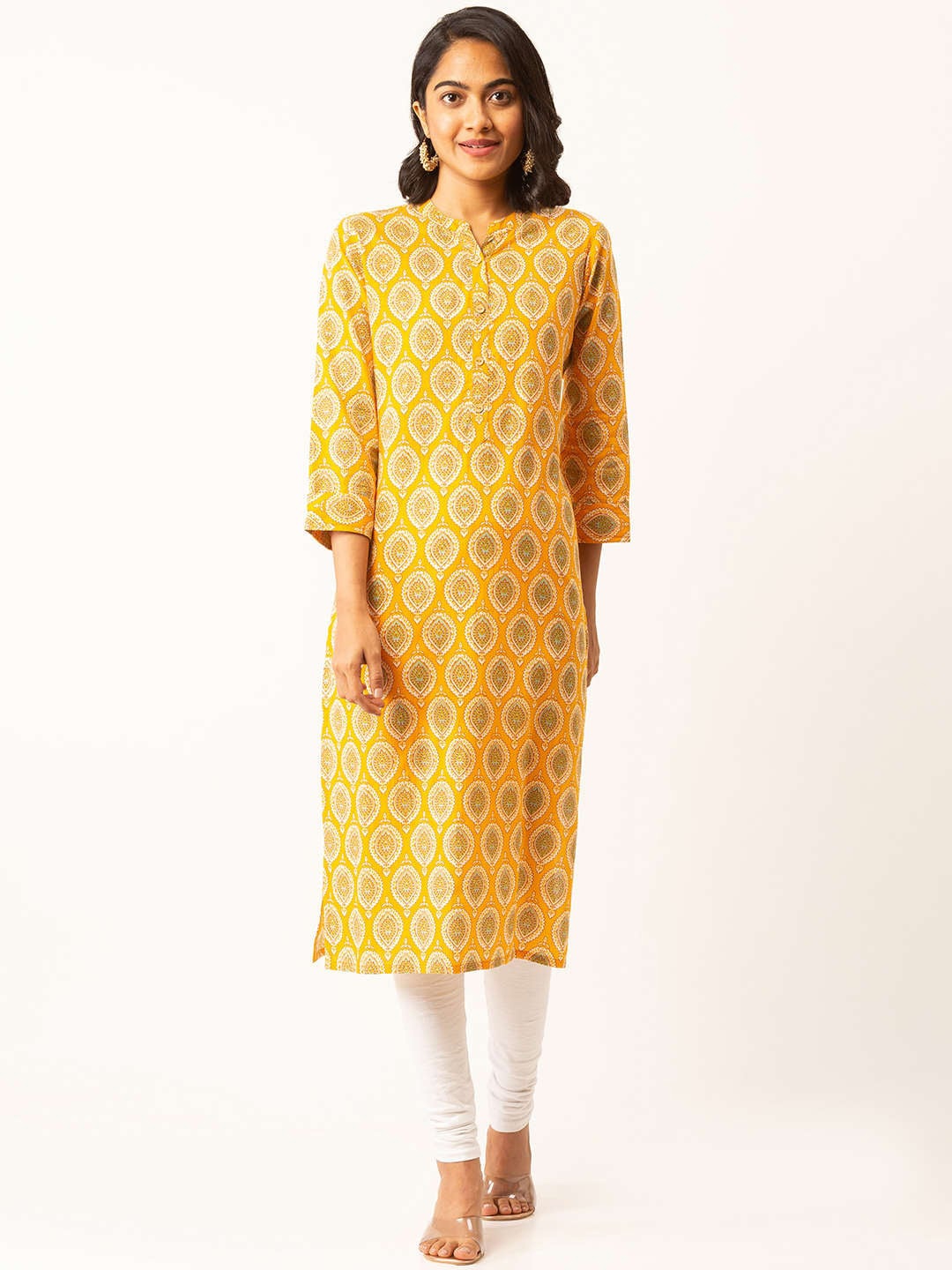 

ZOLA Cotton Mandarin Collar Yellow Block print Ethnic Wear Kurta for Women