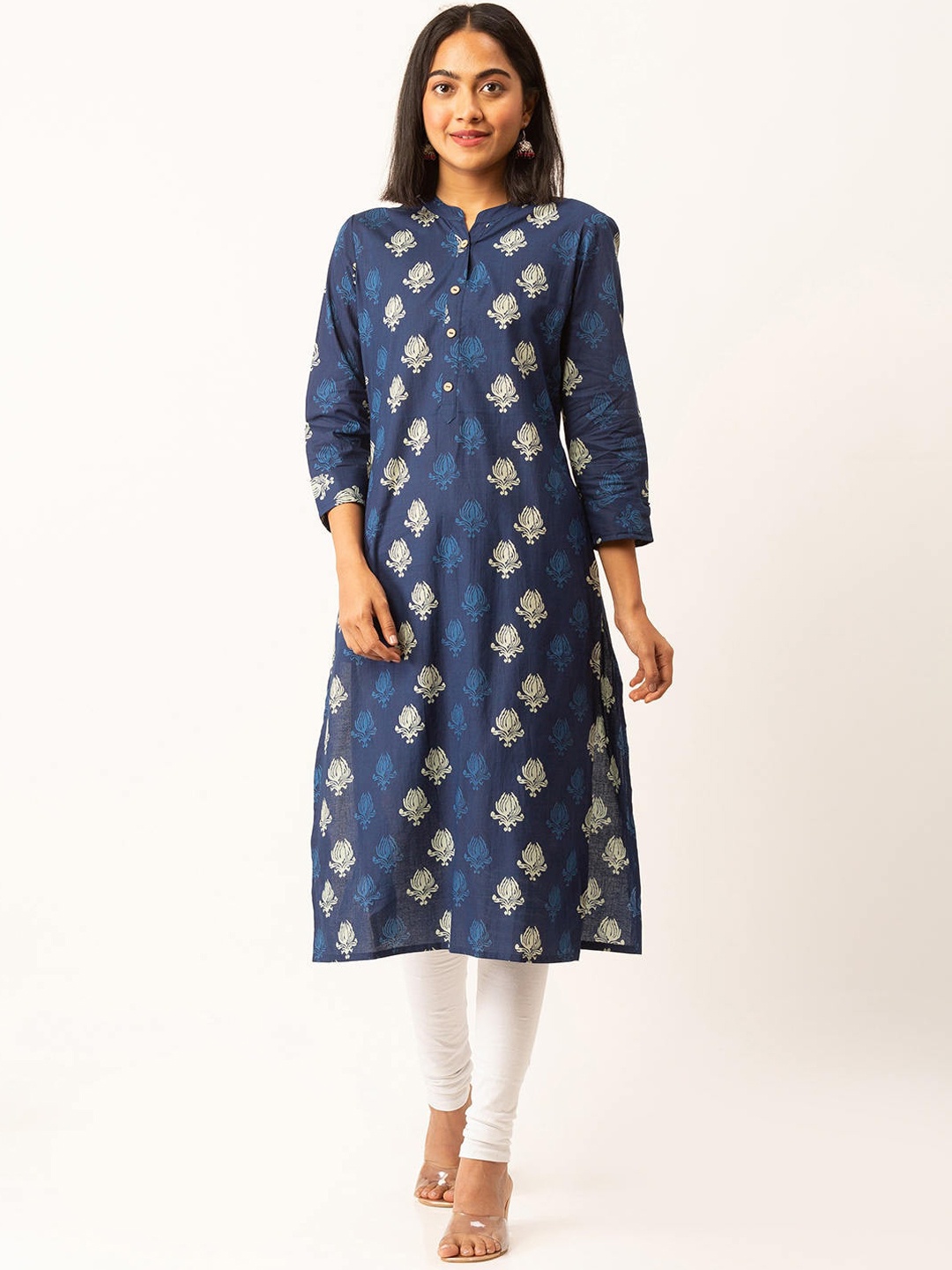 

ZOLA Cotton Mandarin Collar Blue Block print Ethnic Wear Kurta for Women