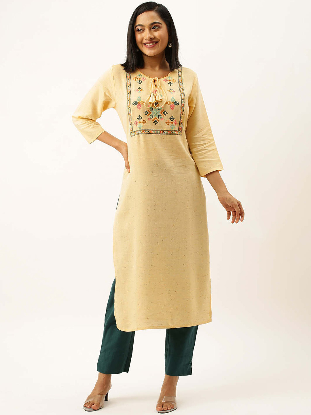 

ZOLA Women Yellow & Green Ethnic Motifs Yoke Design Thread Work Pure Cotton Kurta