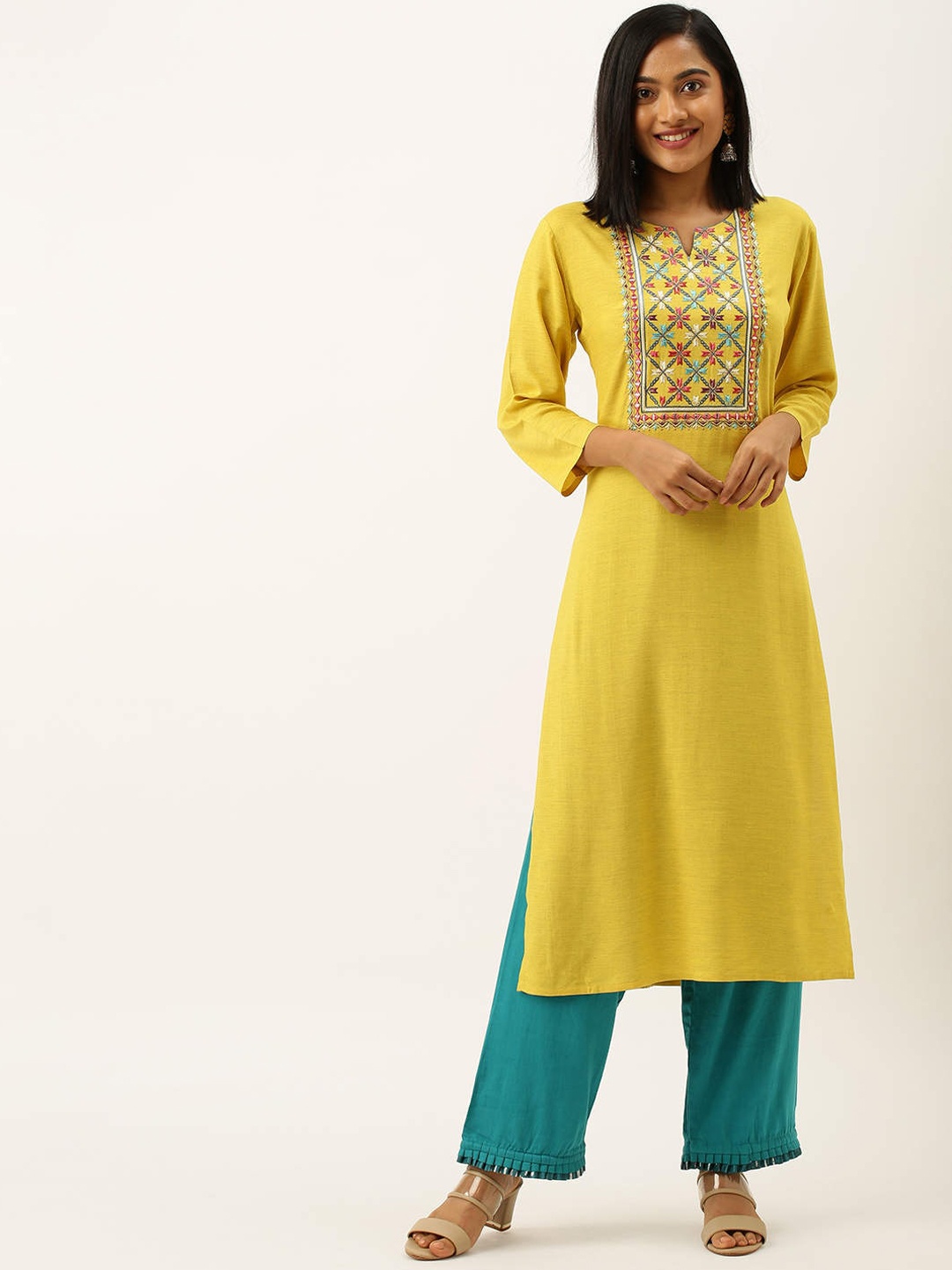 

ZOLA Women Mustard Yellow Yoke Design Keyhole Neck Thread Work Kurta