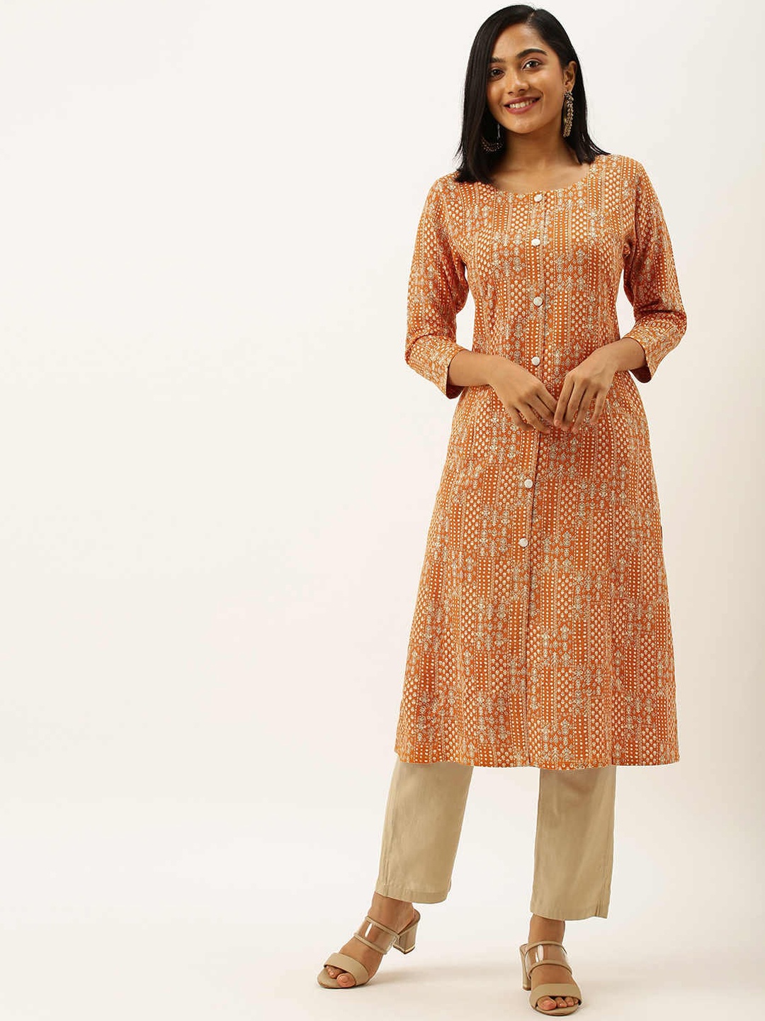 

ZOLA Women Rust & Mustard Yellow Ethnic Motifs Printed Kurta