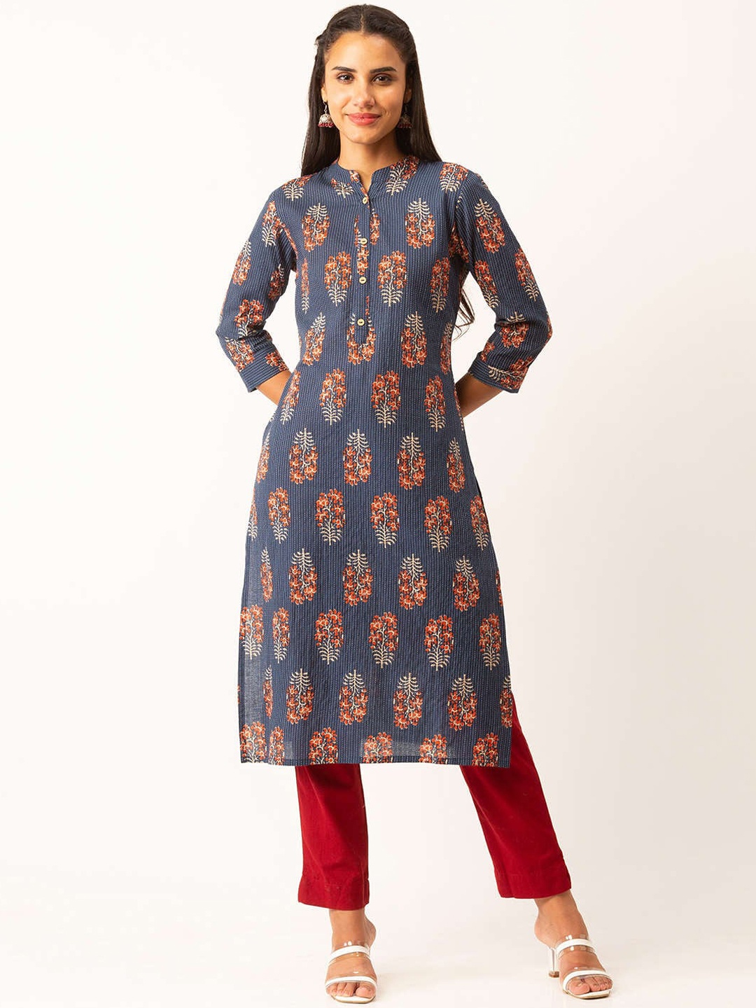 

ZOLA Pure Cotton Block Print with kantha work Straight Lightweight Kurta, Blue