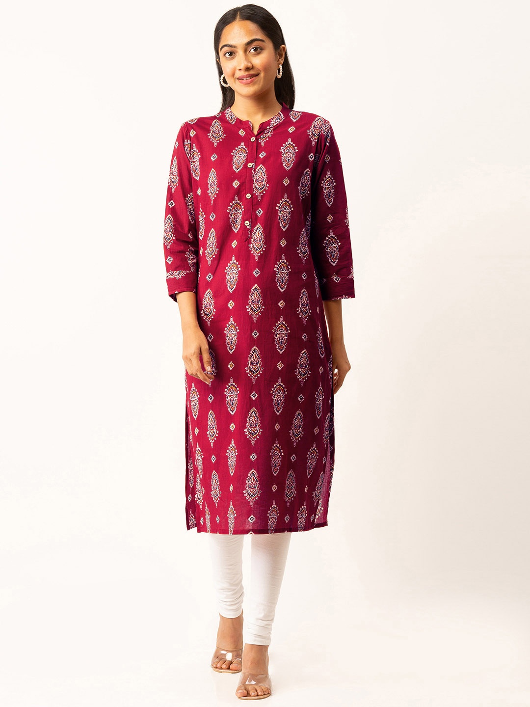 

ZOLA Pure Cotton Block Printed Straight Lightweight Kurta, Maroon