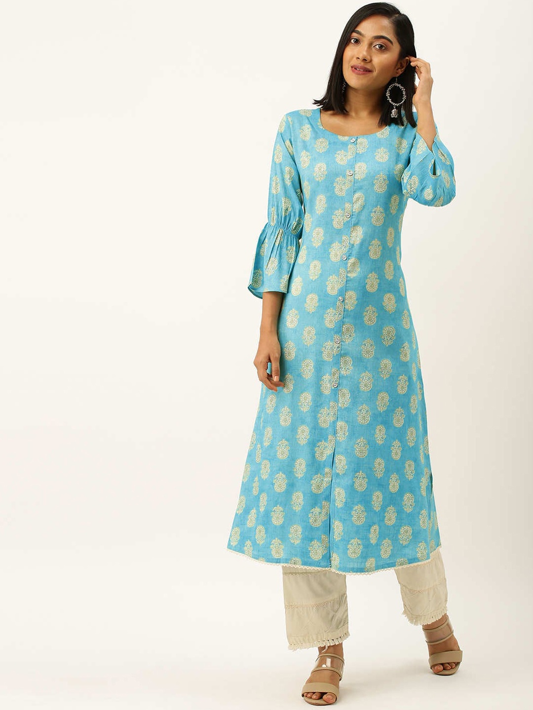 

ZOLA Women Turquoise Blue Geometric Bell Sleeves Anarkali Kurta