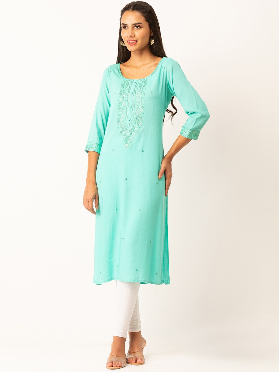 

ZOLA Women Turquoise Blue Sequined Embroidered Straight Kurta