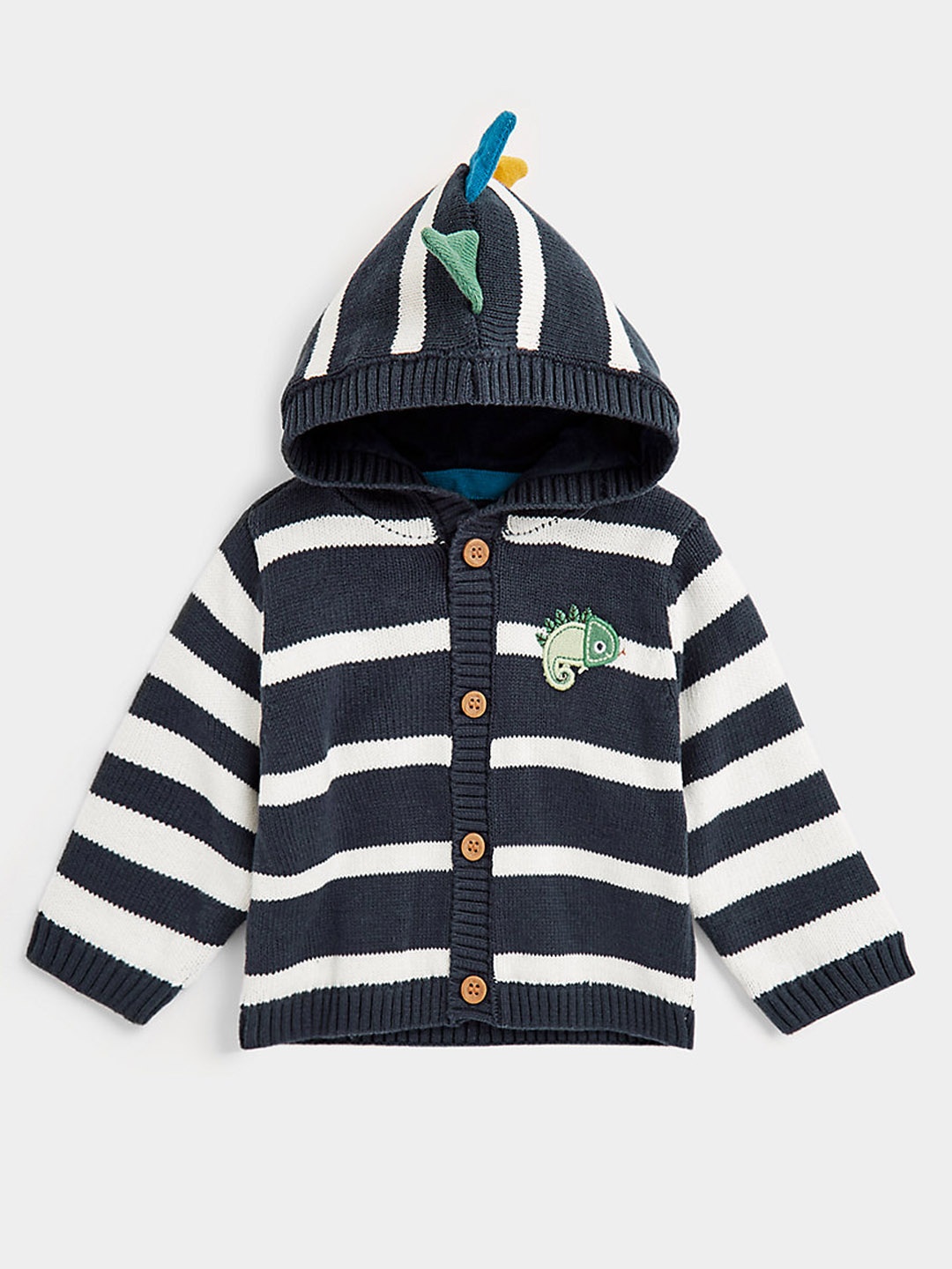 

mothercare Boys Navy Blue & White Striped Pure Cotton Cardigan with 3-D Applique Detail