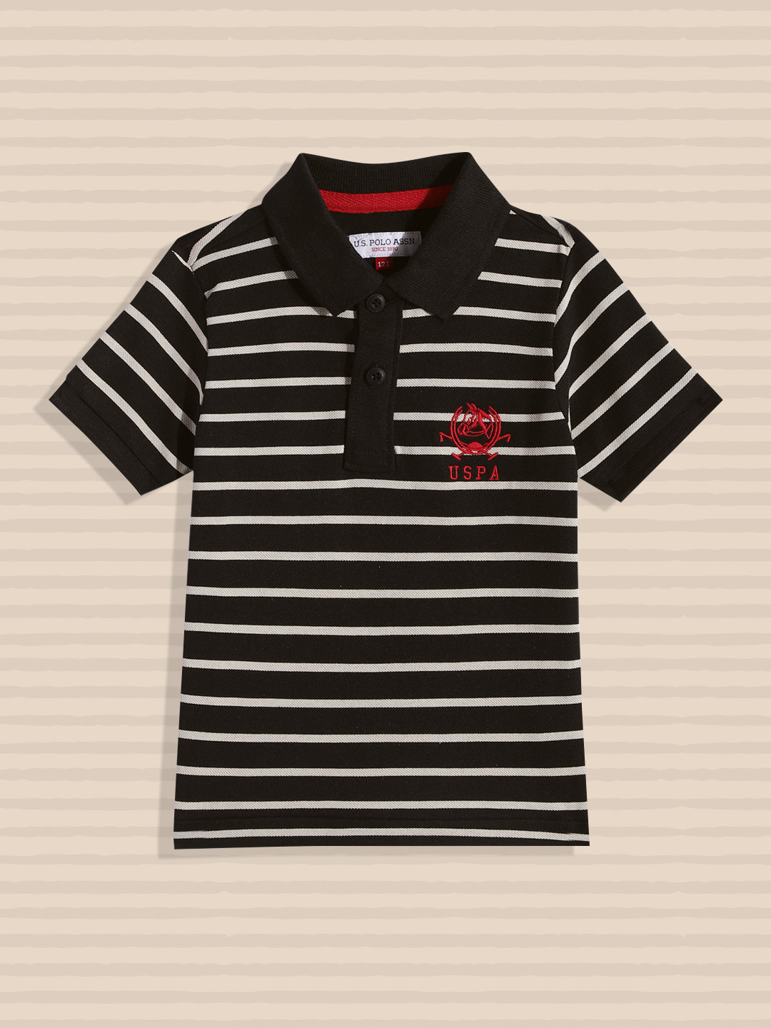 

U.S. Polo Assn. Kids Boys Black & Off White Striped Pure Cotton Polo Collar T-shirt