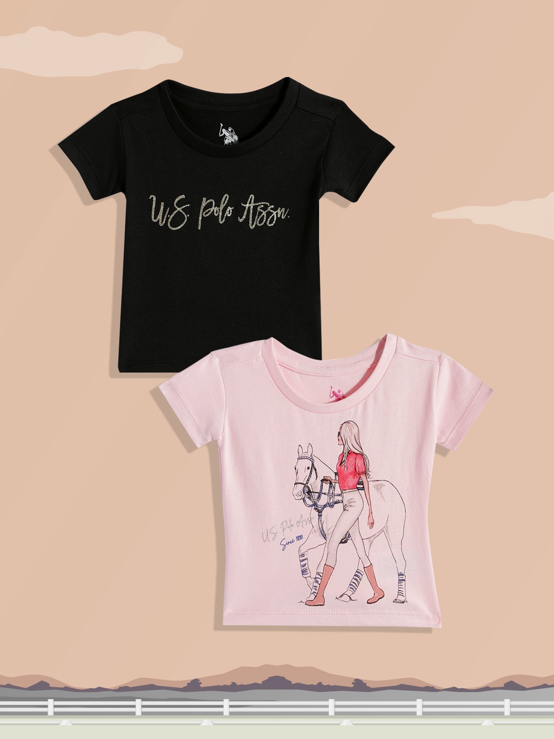 

U.S. Polo Assn. Kids Girls Pack Of 2 Assorted Printed Pure Cotton T-shirt
