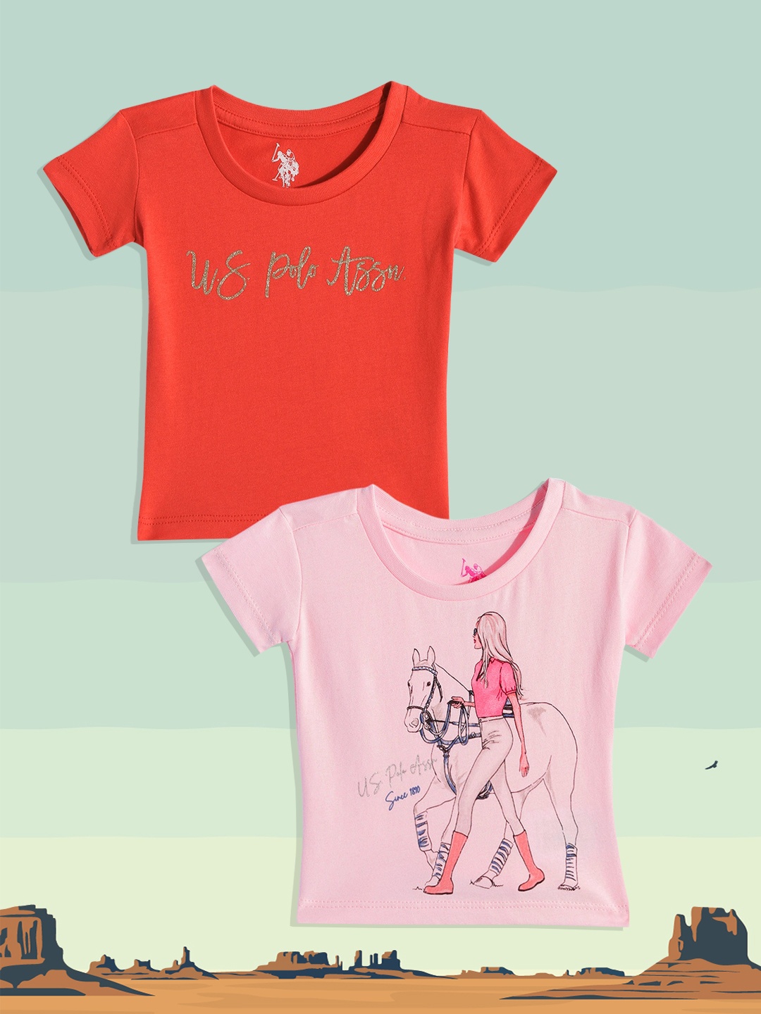 

U.S. Polo Assn. Kids Girls Pack Of 2 Assorted Printed Pure Cotton T-shirt