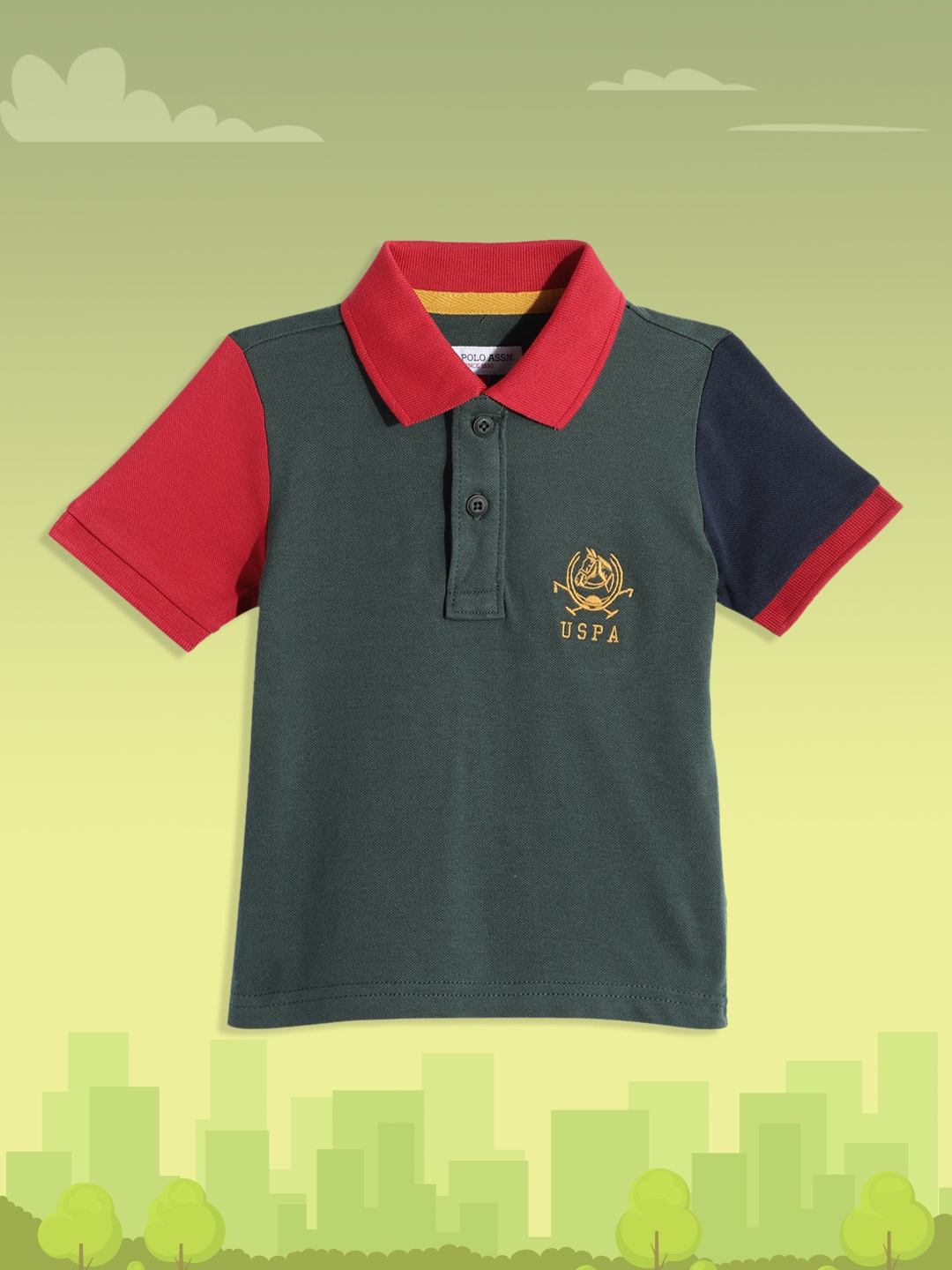

U.S. Polo Assn. Kids Boys Green Contrast Polo Collar & Sleeves Pure Cotton T-shirt