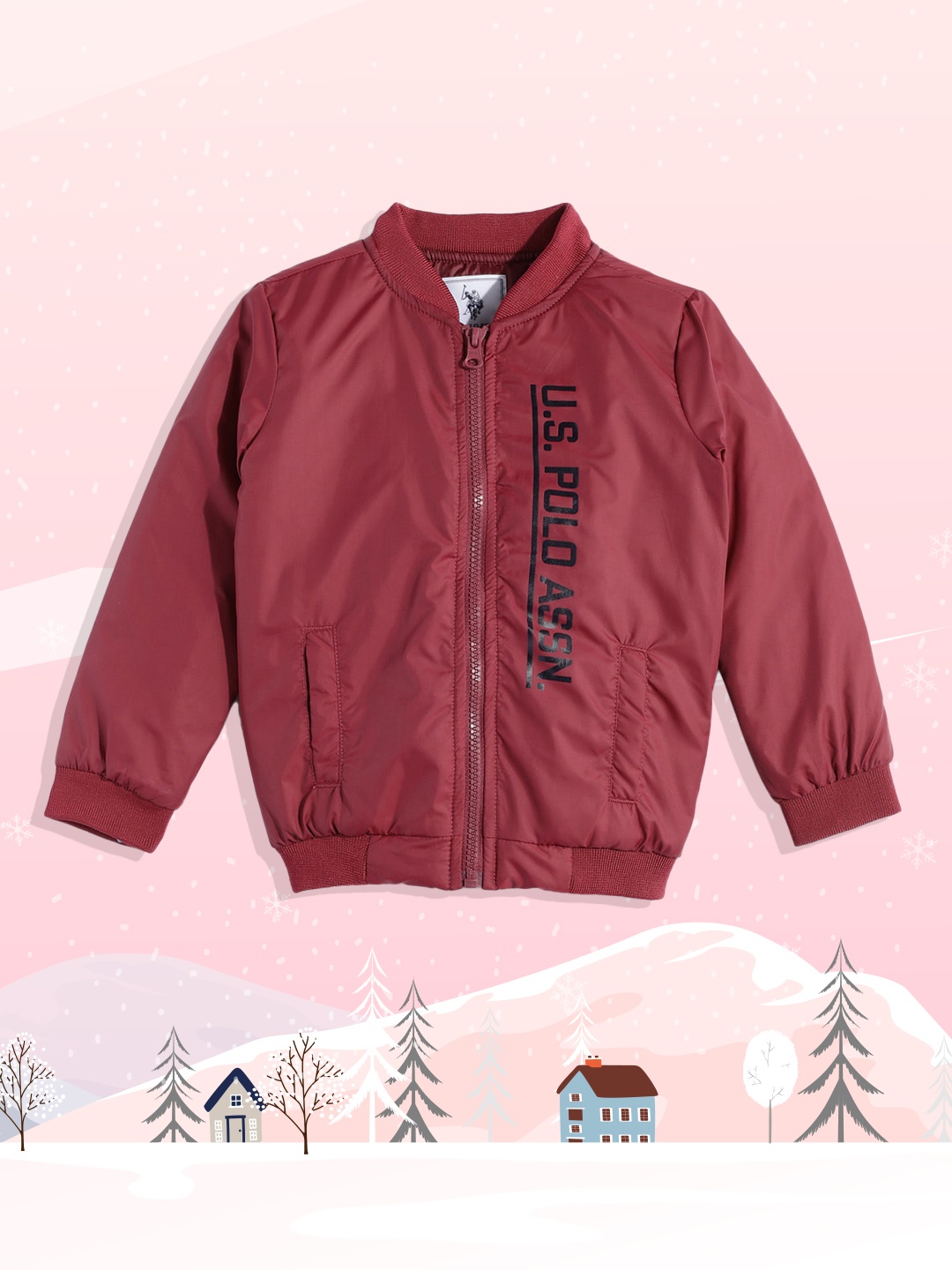 

U.S. Polo Assn. Kids Boys Maroon Brand Logo Printed Bomber Jacket