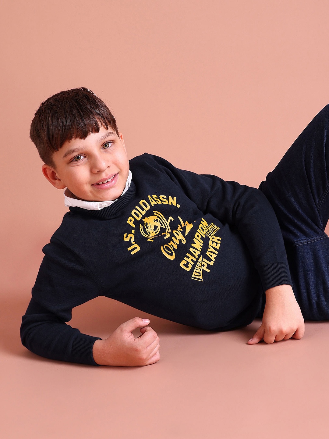 

U.S. Polo Assn. Kids Boys Navy Blue Brand Logo Print Pullover