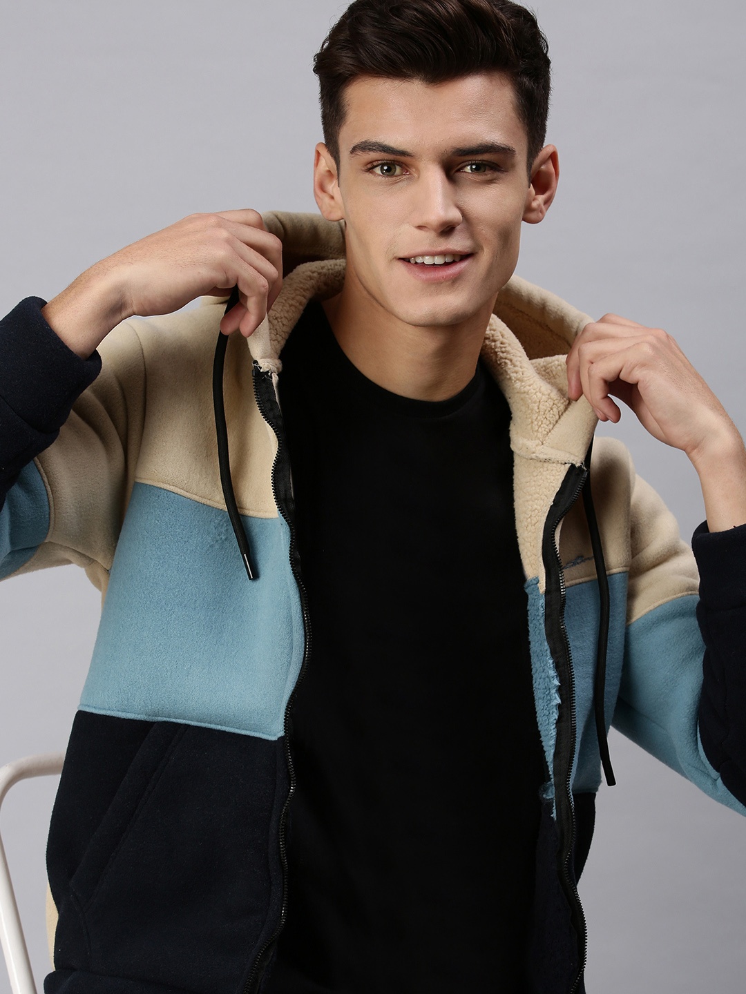 

SHOWOFF Men Beige Colourblocked Hooded Sweatshirt