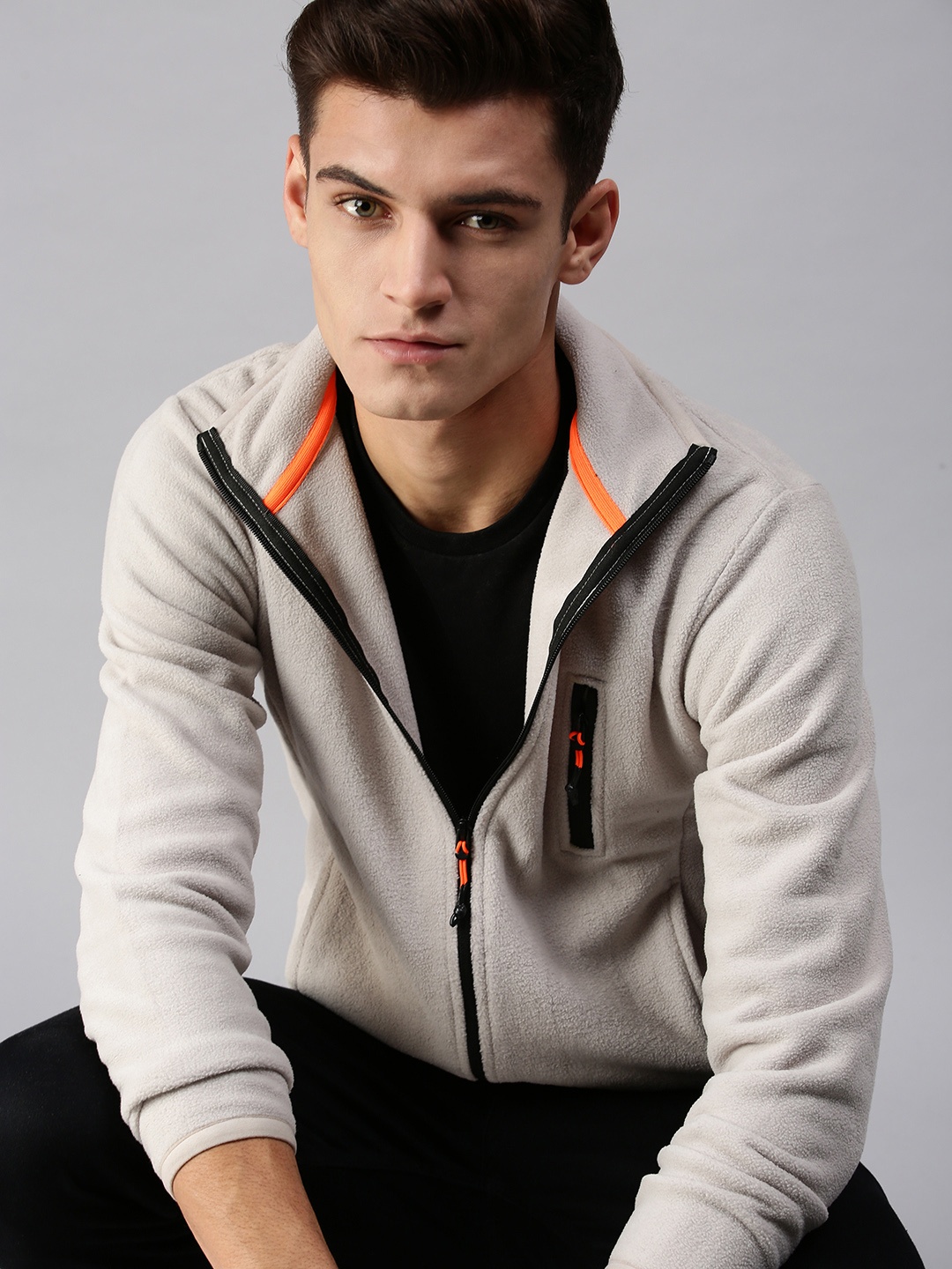 

SHOWOFF Men Grey Casual Polyester Sweatshirt FrontOpen zip