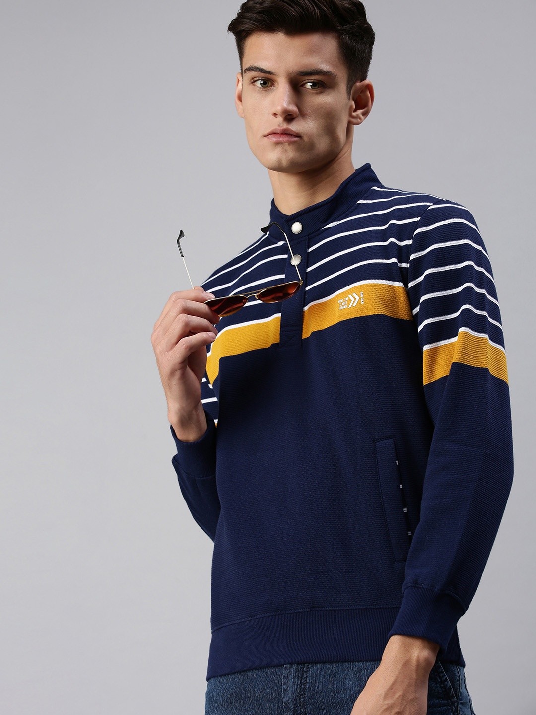 

SHOWOFF Men Navy Blue & Yellow Striped Pullover Sweatshirt