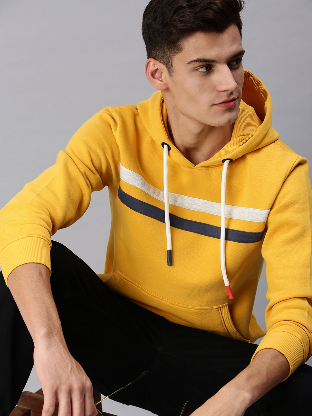 

SHOWOFF Men Yellow Striped Hooded Cotton Pullover Sweatshirt