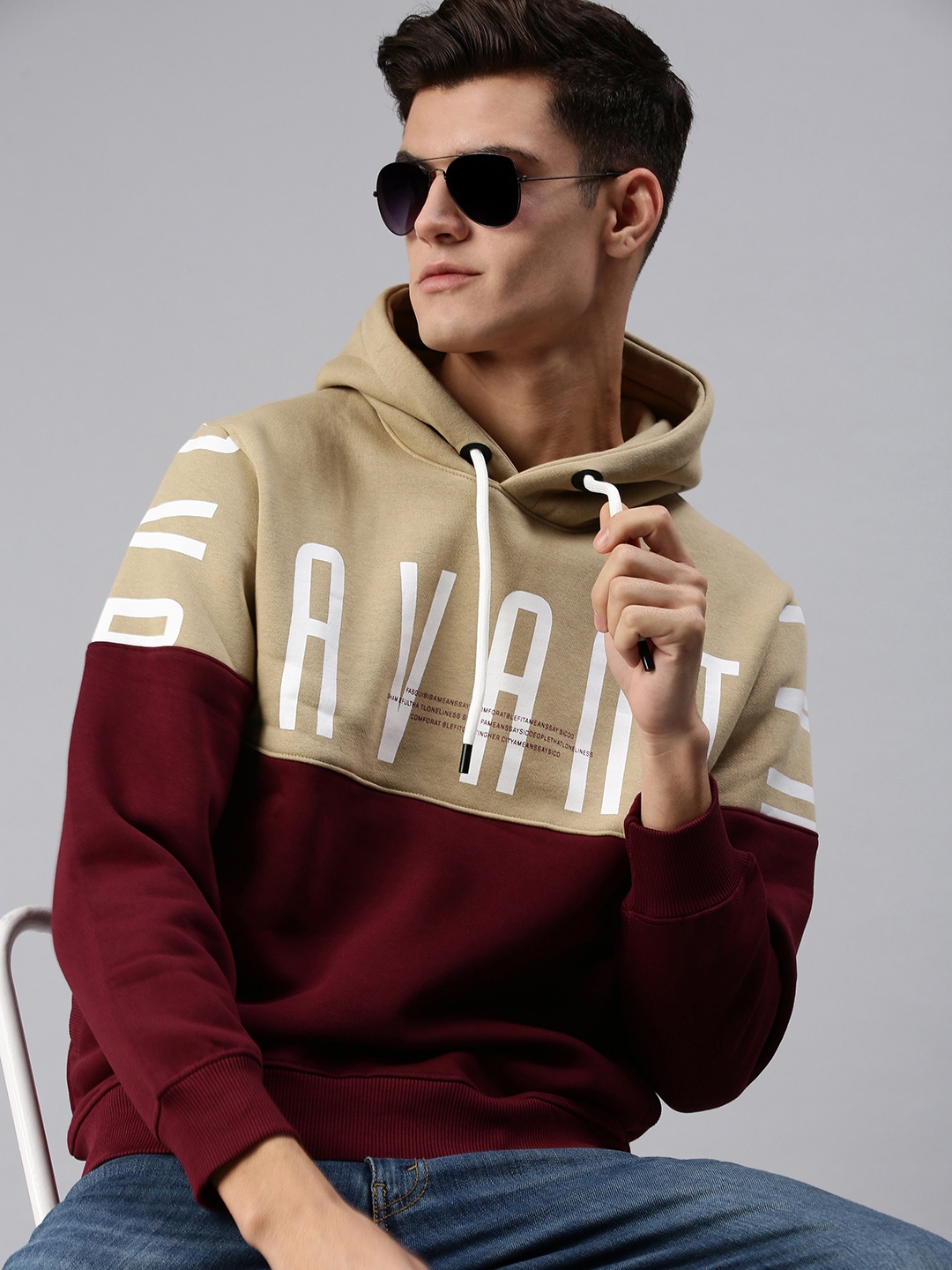 

SHOWOFF Men Beige Colourblocked Cotton Pullover Hooded Sweatshirt