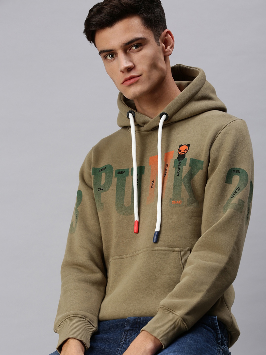 

SHOWOFF Men Olive Green Embroidered Hooded Sweatshirt