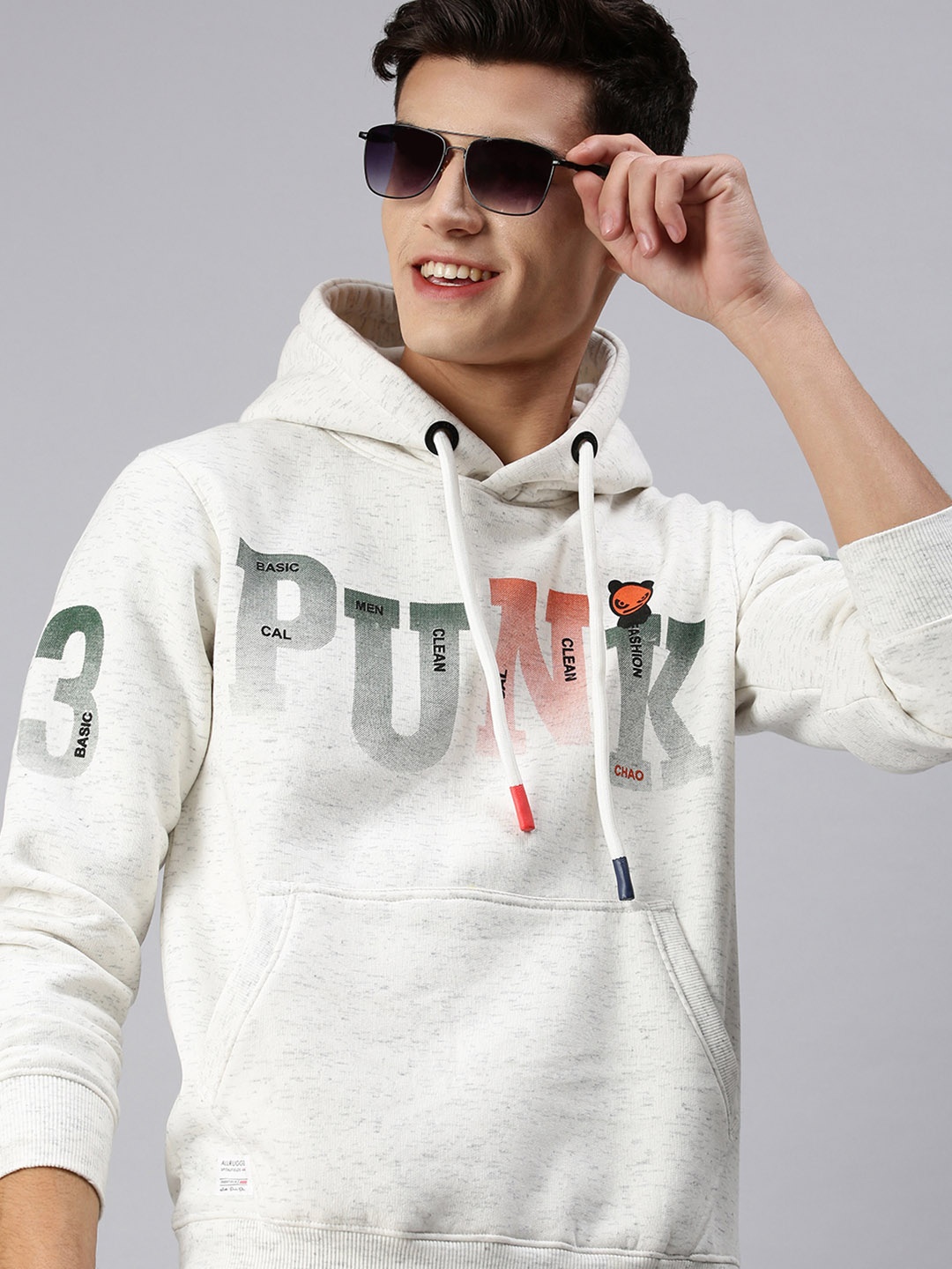 

SHOWOFF Men White Printed Cotton Hooded Sweatshirt