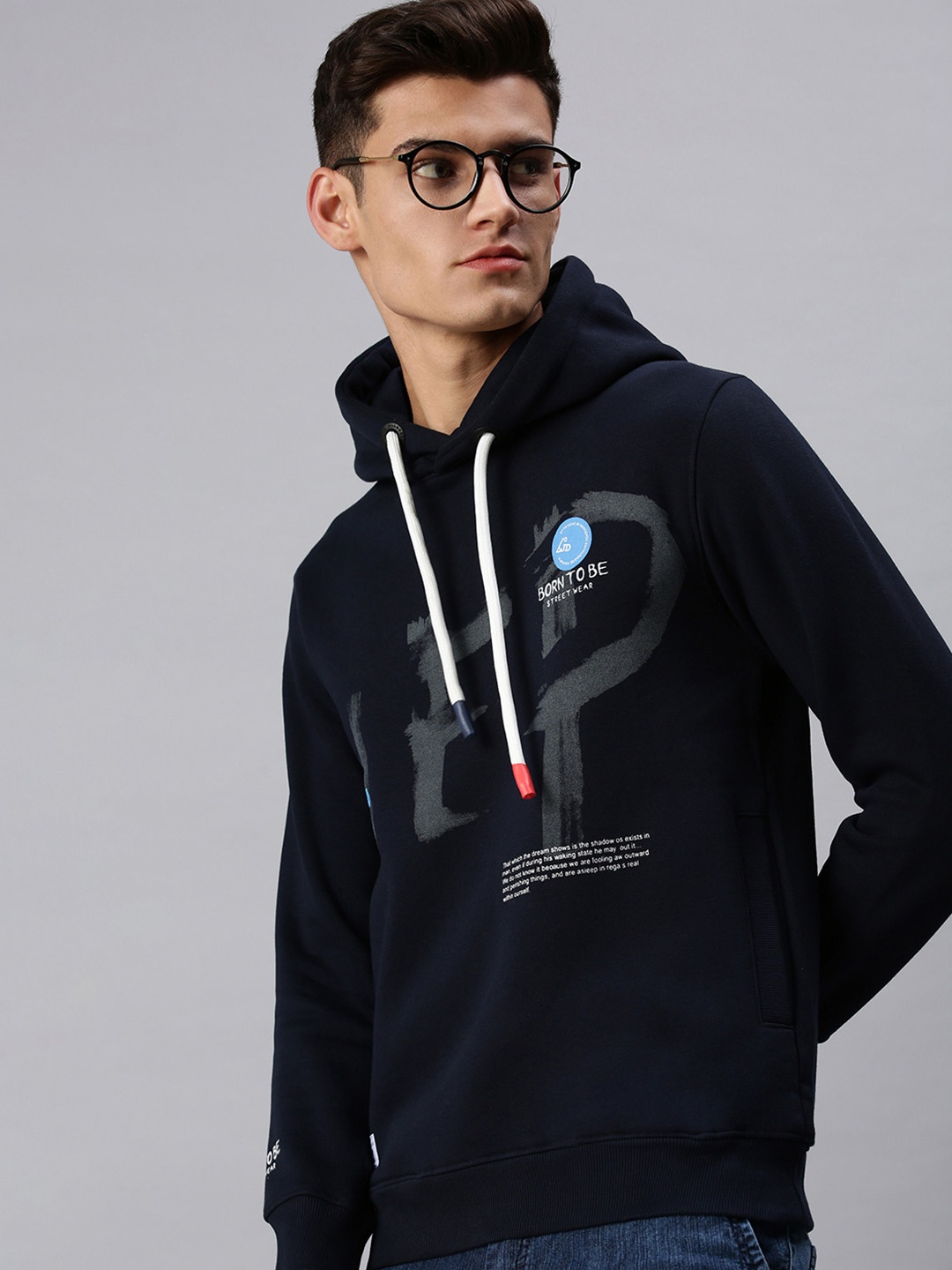 

SHOWOFF Men Navy Blue Printed Hooded Sweatshirt