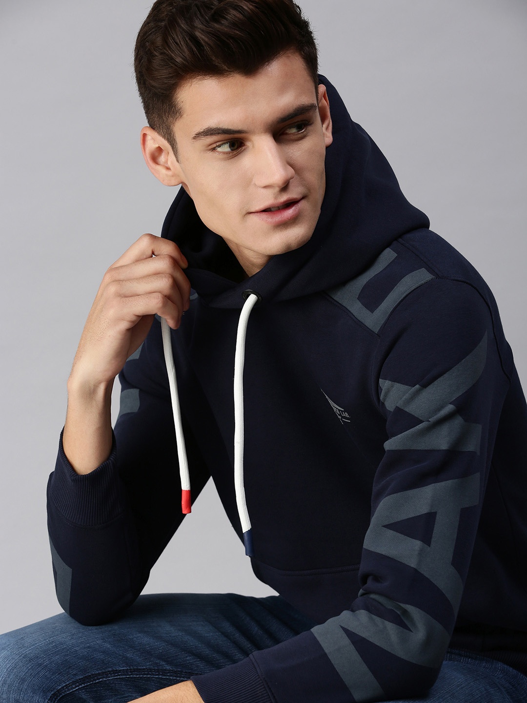 

SHOWOFF Men Navy Blue Printed Hooded Sweatshirt