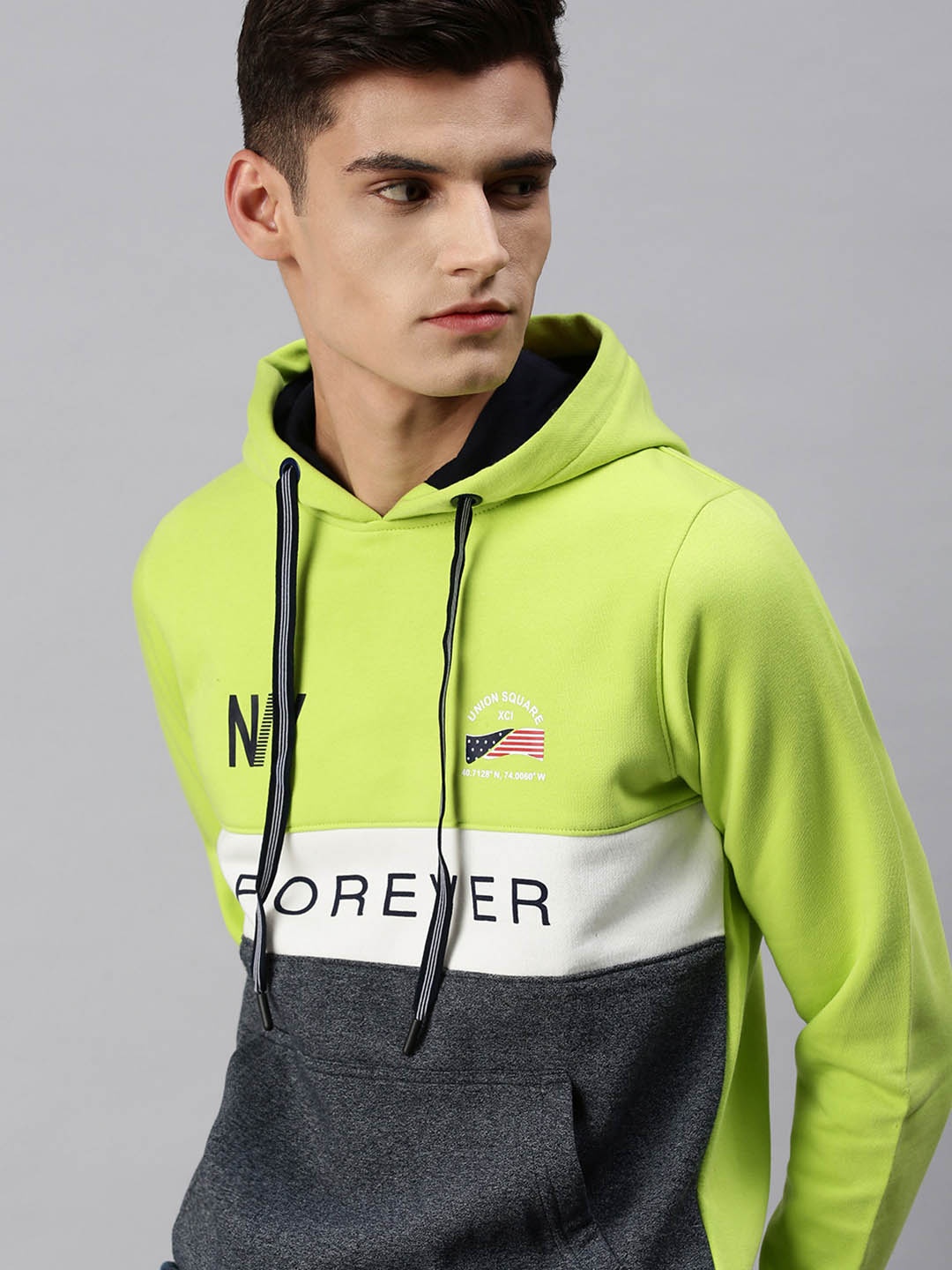 

SHOWOFF Men Lime Green & Grey Colourblocked Hooded Pullover Sweatshirt