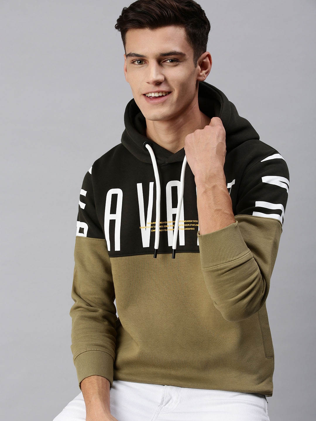 

SHOWOFF Men Grey & Olive Green Printed Hooded Pullover Sweatshirt