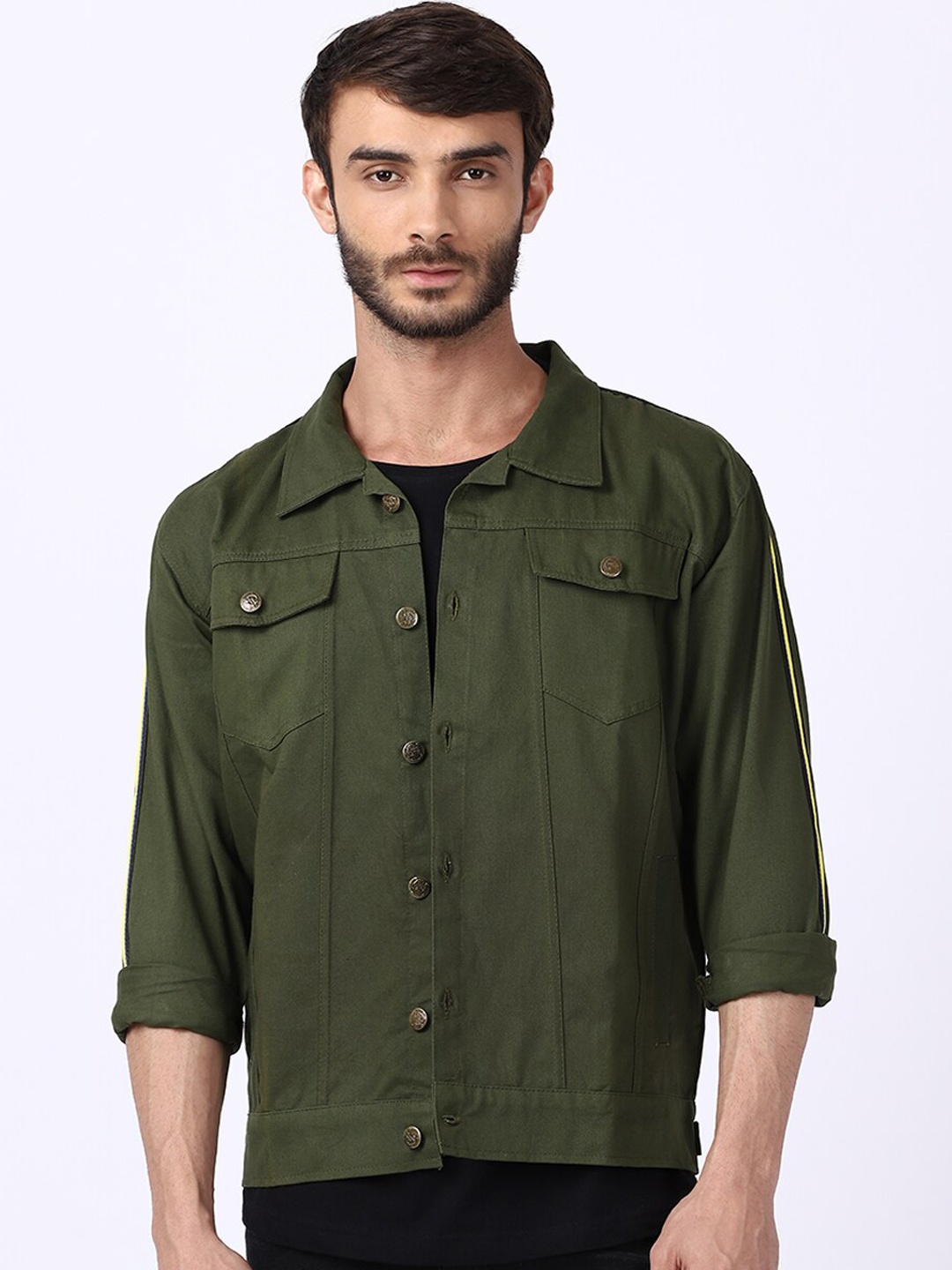 

VOXATI Men Olive Green Crop Denim Jacket
